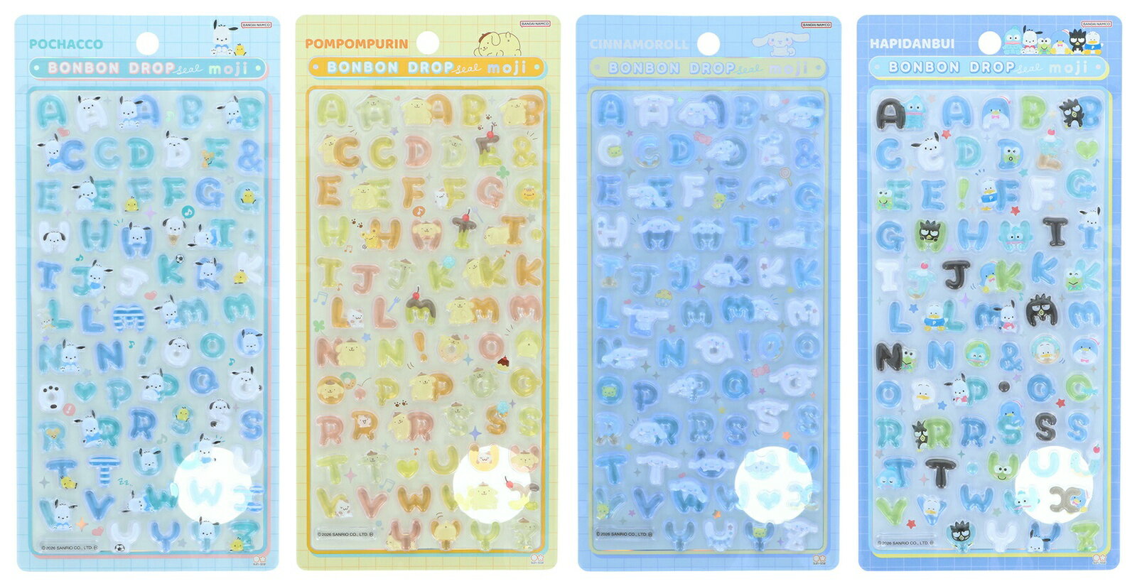 【セット商品】サンリオ　ボンボンドロップシール　もじ　4種（ポチャッコ、ポムポムプリン、シナモロール、はぴだんぶい）