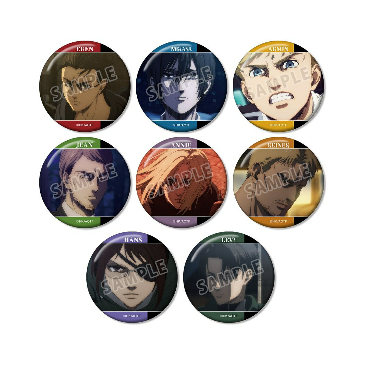 TVアニメ『進撃の巨人』より、トレーディング缶バッジの登場です。
エレン、ミカサ、アルミン、ジャン、アニ、ライナー、ハンジ、リヴァイの印象的なシーン、キャラクターの名前を缶バッジに仕上げました。
カバンや小物につけたり、お部屋に並べて飾ったり、キャラクターとの日常をお楽しみください。

素材：紙、ブリキ
サイズ：（約）直径56mm
※ 単品販売は全8種のうち、いずれか1種ランダムとなります。

※ BOX販売は8パック入りとなります。
