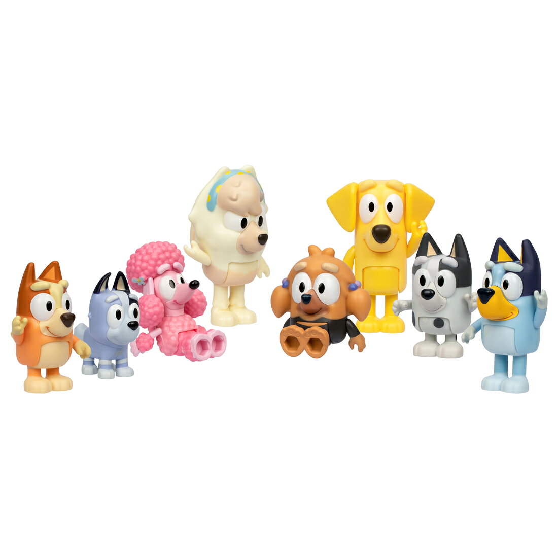 アニメ「ブルーイ」の商品が登場！ブルーイとビンゴ、いとこやともだちのフィギュアのセットです。ブルーイ、ビンゴ、マフィン、ソックス、ココ、ジュードー、ミッシー、ラッキーの8体のフィギュアのセットです。フィギュアは、手を動かしたり、座らせることができます。別売りの「かぐがいっぱい！2かいだて！ブルーイファミリーのおうち」や「エスカレーターでGO！ブルーイのショッピングモール」と一緒に遊べます。オーストラリア発、全世界で人気爆発中のアニメ「ブルーイ」！ブルーイは、パパ、ママ、いもうとのビンゴとなかよくくらす、こうきしんいっぱいのげんきなブルー・ヒーラーのおんなのこだよ！【セット内容】ブルーイのフィギュア(1),ビンゴのフィギュア(1),ラッキーのフィギュア(1),ジュードーのフィギュア(1),ミッシーのフィギュア(1),ココのフィギュア(1),ソックスのフィギュア(1),マフィンのフィギュア(1)【対象年齢】：3才〜