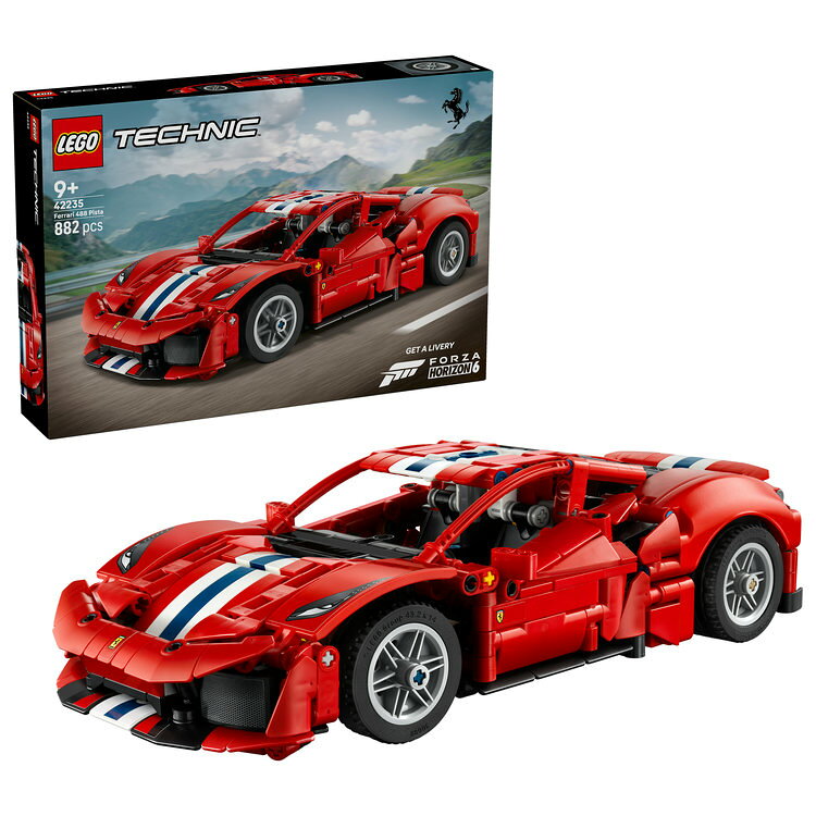 ぶっちぎりの楽しさハイパフォーマンスカーへの憧れをカタチにできる、レゴ&reg;テクニック Ferrari 488 PISTA カーが登場（対象年齢：9才以上）。 どこまでもリアルピストンが動くV型8気筒エンジン、ディファレンシャル、ステアリング、開閉するドアなどが工学への興味・関心のきっかけになります。360Clip.mp4 -->レゴ&reg;テクニック Ferrari 488 PISTA カー   ステアリングを動かそうルーフトップのつまみを回すとステアリングが動くよ。    エンジンをリアルに再現ピストンが動くV型8気筒エンジンを動かしてみよう。    『FORZA HORIZON 6』のゲーム内でリバリーを入手しよう引き換えにはゲームソフトが必要です。利用規約をご覧ください。  インタラクティブなデジタル版組み立て説明書組み立て手順がひと目でわかるLEGO&reg; Builderアプリを使えば、立体表示されるモデルを拡大・回転させながら組み立て、作業の進行状況を保存できます。 楽しい発見がいっぱい！技アリのラインナップが勢揃いした、レゴ&reg;テクニック シリーズのセットをご覧ください。（各セット別売り）究極の走りをカタチにした、レゴ&reg;テクニック Ferrari 488 PISTA カーを組み立てよう。ピストンが動くV型8気筒エンジンとディファレンシャルの関係や、ステアリングの操作を確認したら、ドアを開けてインテリアもチェック。レースごっこで思う存分走り回ったら、好きな場所に飾ってみんなにも見てもらおう。

・ スポーツカーのおもちゃ - ハイパフォーマンスカーへの憧れをカタチにできる、レゴ&reg;テクニック Ferrari 488 PISTA カー（42235）
・リアルなギミック満載 - ピストンが動くV型8気筒エンジン、ディファレンシャル、ステアリング、開閉するドアなどが、工学への興味・関心のきっかけになります
・ 特製リバリーをアンロック - 『Forza Horizon 6』のゲーム内でレゴ&reg;テクニック 特製リバリーが手に入ります（コードの引き換えにはゲームソフトが必要です。利用規約をご覧ください）
・ フェラーリのホームデコ - 組み立てとレースごっこを堪能したら、子ども部屋の勉強机や棚、サイドテーブルに飾って楽しめます
・ お子さま向けギフト - 車やレースが大好きな9才以上のお子さまへのプレゼントにおすすめです
・ レゴ&reg;テクニック シリーズ - リアルな動きとメカニズムを通して、お子さまに創造のひらめきを与えるアクション満載のラインナップが揃っています（各セット別売り）
・ 3D組み立てツール - わかりやすいデジタル版組み立て説明書が収録されたLEGO Builderアプリを使えば、ご自宅にあるセットのカタログ作りのほか、立体表示されるモデルを拡大・回転して手順を確認しながら組み立てを進めて進行状況を保存できます
・ サイズ -（約）高さ8cm x 長さ28cm x 幅13cm／ピース数：882
・ レゴデュプロ以外の製品には、小さな部品が入っています。間違って飲み込む危険がありますので、4才未満のお子さまには遊ばせないでください。