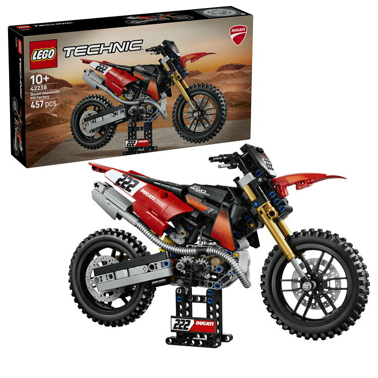 モトクロスアクションを満喫しようレゴ&reg;テクニック Ducati Desmo450 MX Factory バイクを組み立てて、スリルと迫力のモトクロスアクションを楽しもう。 オートバイのアクション手応えある組み立てのあとは、完成したモデルを手にそのリアルな動きをたっぷり楽しめます。（対象年齢：10才以上）360Clip.mp4 -->レゴ&reg;テクニック Ducati Desmo450 MX Factory バイク   動くステアリングを体験大きなハンドルバーを動かして、操縦できます。    サスペンションの動きを堪能前後サスペンションなど、リアルなディテールを確かめよう。    エンジンを組み立てようチェーン駆動のシリンダーエンジンを組み立てられます。  インタラクティブなデジタル版組み立て説明書組み立て手順がひと目でわかるLEGO&reg; Builderアプリを使えば、立体表示されるモデルを拡大・回転させながら組み立て、作業の進行状況を保存できます。 楽しい発見がいっぱい！技アリのラインナップが勢揃いした、レゴ&reg;テクニック シリーズのセットをご覧ください。（各セット別売り）二輪のスリルを味わうなら、レゴ&reg;テクニック Ducati Desmo450 MX Factory バイクで爽快にオフロードを駆け抜けよう。バイクの進行方向や方向転換を操作するハンドルバーの動きを確認したら、どんなデコボコ道も走破する単気筒エンジンやサスペンションをチェック！ダートトラックレースごっこやディスプレイも存分に楽しもう。

・ ドゥカティのオートバイ - アクション満載のモトクロスごっこを楽しむなら、レゴ&reg;テクニック Ducati Desmo450 MX Factory バイク（42238）
・ モトクロスの冒険 - 大きなハンドルバーでステアリングを操作しよう
・リアルなギミック満載 - ステアリング、後輪からチェーン駆動する単気筒エンジン、前後輪のサスペンションなど
・組み立てて飾ろう - モトクロスごっこの後は、勉強机や棚、サイドテーブルに飾って楽しもう
・ お子さま向けギフト - オートバイが大好きな10才以上のお子さまへのプレゼントにおすすめです
・ レゴ&reg;テクニック シリーズ - リアルな動きとメカニズムでアクション満載の遊びを楽しめるラインナップが揃っています（各セット別売り）
・ 3D組み立てツール - わかりやすいデジタル版組み立て説明書が収録されたLEGO Builderアプリを使えば、ご自宅にあるセットのカタログ作りのほか、立体表示されるモデルを拡大・回転して手順を確認しながら組み立てを進めて進行状況を保存できます
・ サイズ -（約）高さ19cm x 長さ31cm x 幅11cm／ピース数：457
・ レゴデュプロ以外の製品には、小さな部品が入っています。間違って飲み込む危険がありますので、4才未満のお子さまには遊ばせないでください。