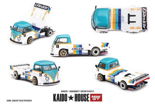 日系アメリカ人カスタムカー・デザイナー、JUN IMAI（ジュン・イマイ）がプロデュースする人気シリーズ「KAIDO HOUSE x MINI GT」から、1/64スケールの新作のご案内です！
「フォルクスワーゲン T1」がGReddy仕様にて登場。
コンセプトからエンジンのデザインまで全てデザイナーのJUN IMAI氏が手掛けており、細部にまでこだわりがたっぷりと詰まっています。

パッケージサイズ: 約 W108 x D51 x H51 (mm)
素材:ダイキャスト

Prototype Sample-Approval Pending　版権元監修中、写真はサンプルのため実際の商品と異なる場合がございます。

※本案内に記載のパッケージサイズや素材は予告なく変更される場合がございます。予めご了承ください。
※こちらの商品には「チェイスカー（限定色）」が封入されている場合がございます。商品はランダムにお届けするためカラーはお選びいただけません。
※メーカー都合により大幅な発売延期や発売中止が発生する場合がございます。予めご了承ください。

・ホビー系商品についての諸注意
メーカー都合により発売の大幅な延期が発生する可能性がございます。
予約商品についてはメーカーから順次入荷次第の発送となります。メーカー公表の発売日とは異なる場合がございますのでご了承ください。【対象年齢】：