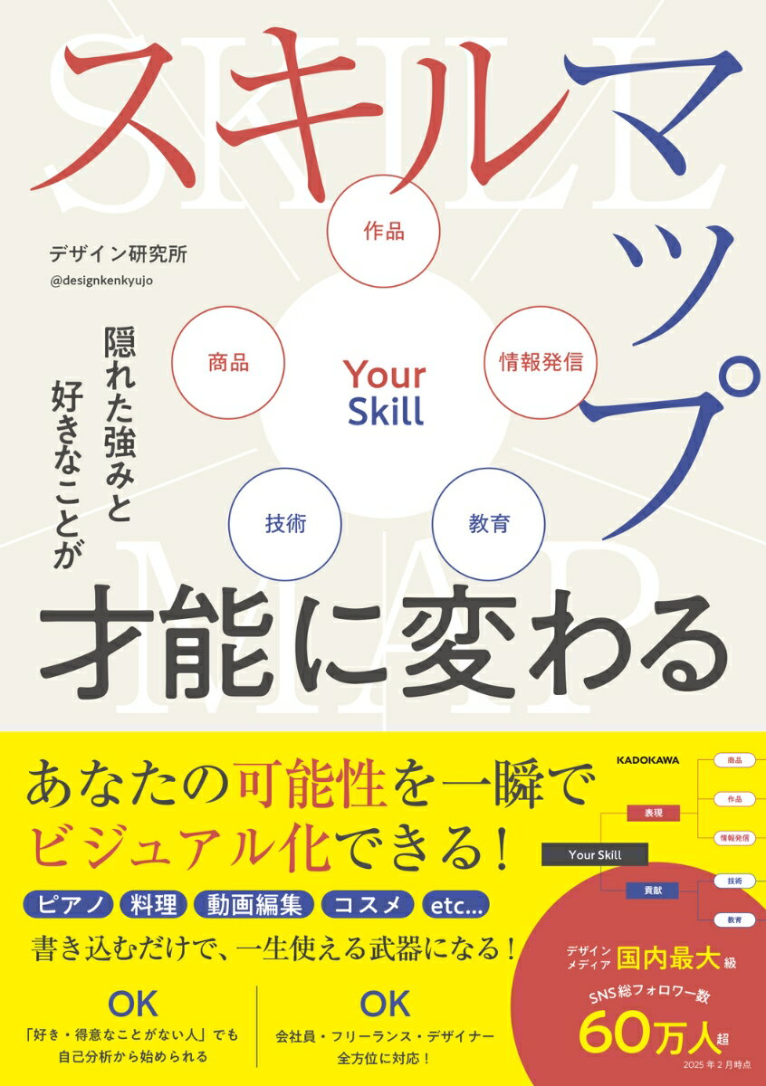 日本一のデザインメディア「デザイン研究所」を運営し、
オリジナルTシャツ1万枚販売やアートコンペ入選など、
多彩な活動で注目を集める著者が提案する、
「普通の人」でも着実にスキルを身につけて人生を豊かにするための一冊です。

会社員・フリーランス・デザイナー・主婦・学生……
あらゆる立場の人が「好きなこと」「得意なこと」を活かして
スキルを獲得できるよう、2つのカテゴリー（表現・貢献）と
5つのジャンル（商品・作品・情報発信・技術・教育）に整理。

ピアノ、デザイン、料理、ライティング、動画編集など、
“スキルマップ”に書き込むだけで、
自分がこれからやるべきことが一目でわかり、可能性が無限に広がります。

カバーから本文デザインまで、著者が手がけ、
全ページフルカラーで眺めるだけでもワクワクできます。

「好きなことがない」「自分に得意なことなんて…」と感じている方でも
自己分析の方法から丁寧に解説されているので、
まずは自分の強みを見つけるところからスタートできます。

SNS発信・グッズ販売・展示会・セミナー・コンサル…
具体例豊富で実践しやすく、選択肢が無限に広がります！

選択肢が無限にある時代、この本を手に取り、自分らしい人生を切り拓こう！