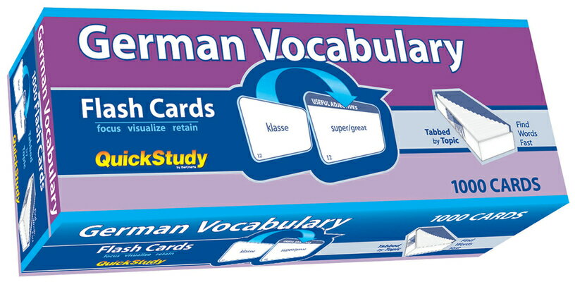 1,000 cards (front and back) that feature the most common German words and expressions on one side and their English translations on the reverse. QuickStudy German Vocabulary Flash Cards are the perfect study aid for preparing for that big test, as well as a helpful tool for travelers and businesspeople alike.