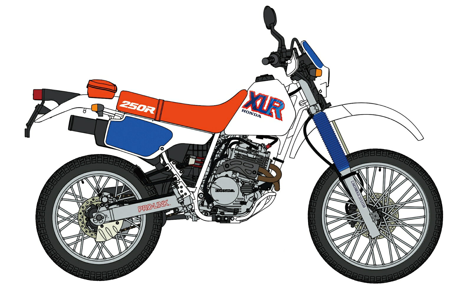 本格ランドスポーツバイクXLR250R
1992年式の（MD22）をキット化!

パーツカラーはフレーム・タンク・シートカウルがホワイト、シート・バッグがレッド、排気管・ハンドルがブラック、エンジン・ホイールがグレー、ライトがクリアーです。
ヘッドライト鏡面がメッキパーツ、サイドミラー鏡面のメタルインレットが付属します。

デカール（マーキング）
・タンクのロゴなど

本田技研工業（株）監修中

・ホビー系商品についての諸注意
メーカー都合により発売の大幅な延期が発生する可能性がございます。
予約商品についてはメーカーから順次入荷次第の発送となります。メーカー公表の発売日とは異なる場合がございますのでご了承ください。【対象年齢】：【商品サイズ (cm)】(幅）：18