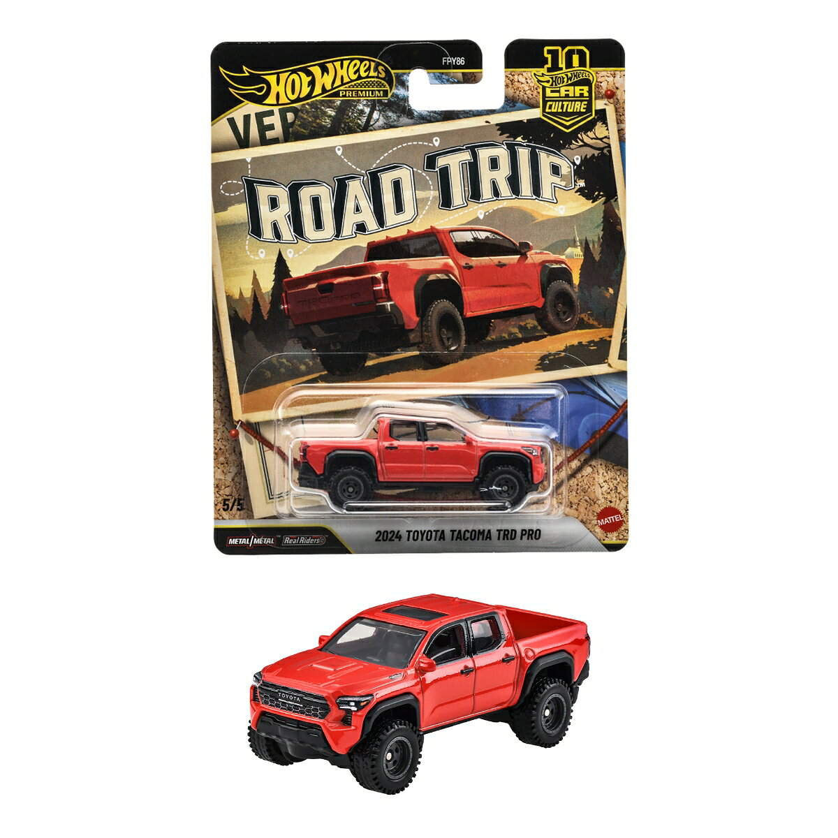 ホットウィール カーカルチャー「ロードトリップ」シリーズの1:64スケールダイキャストカーです。
Metal/Metal&trade;（金属製ボディ＆金属製シャシー）仕様とReal Riders&trade;タイヤ（ゴム製タイヤ）を採用。車両をリアルな造形と本格的なデザインで再現しています。
車両を引き立てるパッケージアートも特徴です。
2024 トヨタ タコマ TRD PROは、アウトドアでの走行を想定して開発されたモデルです。
専用ショックアブソーバーとオフロードサスペンションを備え、舗装路はもちろん、ぬかるんだ悪路でも優れた走破性を発揮します。
【原産国】タイ
【対象年齢】3歳から
【プレゼントに最適】お誕生日、クリスマスプレゼント、入園・入学祝いなど記念日でのプレゼントにぴったりです。
【ホットウィール】Hot Wheels＝「かっこいい車！」独特な南カルフォルニア風の外観、高速に動くホイール、（当時の最新技術！）そして 赤いラインの入ったタイヤ。
現在、世界で一番売れているミニカーです*。
*Circana/Retail Tracking Service/G12/JAN-DEC 2023/Total Toys/Projected Units【対象年齢】：3歳以上【商品サイズ (cm)】(幅×高さ×奥行）：13.3×16.5×3.5