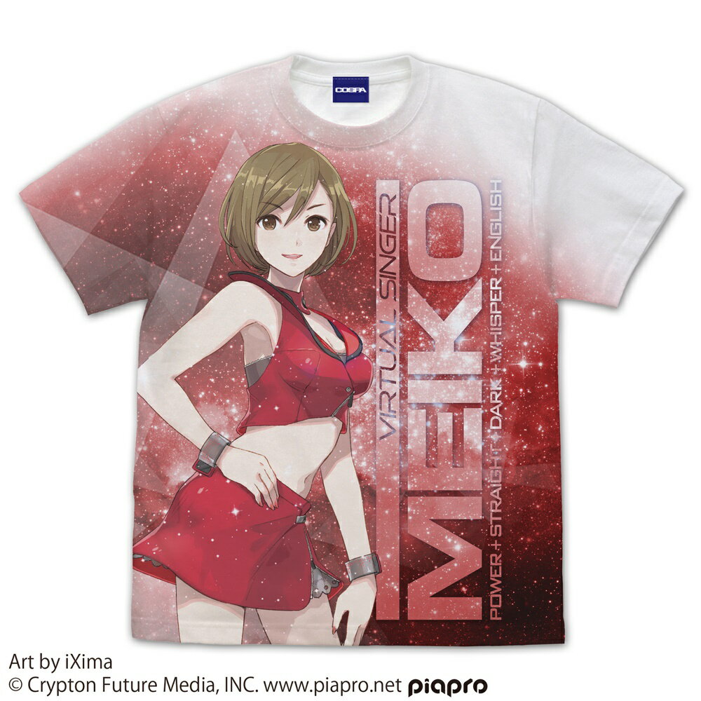 MEIKOのイラストが際立つフルグラフィックTシャツ！

・MEIKOをグラフィカルなデザインで、Tシャツフロント全面にプリント。
・肌触りが良く柔らかい着心地の、綿100％の生地を使用。
・アウターを羽織り、チラ見せすれば個性的なインナーに！

※こちらの商品はフロントのみのプリントとなります。
※全面プリントの技法上、縫い目や脇下部分に若干のカスレやプリント切れが生じます。ご了承ください。

Sサイズ
（約）身丈65cm / 身幅49cm / 袖丈19cm / 綿100％ 
Mサイズ
（約）身丈69cm / 身幅52cm / 袖丈20cm / 綿100％ 
Lサイズ
（約）身丈73cm / 身幅55cm / 袖丈22cm / 綿100％ 
XLサイズ
（約）身丈77cm / 身幅58cm / 袖丈24cm / 綿100％ 【対象年齢】：15歳以上【商品サイズ (cm)】(幅×高さ）：49×65