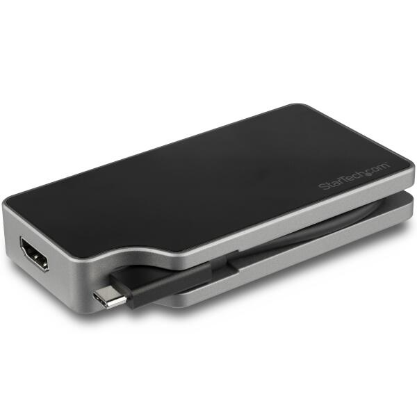 USB-Cマルチディスプレイビデオアダプタ。USB Type-C搭載ノートパソコンを VGA、DVI、HDMI、Mini DisplayPort（mDP）ディスプレイに接続するポータブルソリューションです。USB Power Deliveryに対応しており、ビデオを出力しながら同じUSB-Cポートでノートパソコンへの給電も可能です。

【1つのポートで電源とビデオ出力に対応】
このアダプタは最大で95WのUSB Power Deliveryに対応し、USB-Cポート1口を追加します。ビデオ出力ポートを使用中でもノートパソコンのUSB-C電源アダプタで端末の充電が可能です。多くのノートパソコンではUSB-Cポートを介した給電（USB Power Delivery）に対応しています。ご使用になるノートパソコンの仕様をご確認ください。

【携帯を想定したオールインワン型ビデオアダプタ】
4種類のコネクタを1つにまとめた 4-in-1（フォーインワン）型のマルチアダプタは汎用性に優れ、あらゆるディスプレイにUSB-Cノートパソコンを接続できるソリューションです。頑丈なアルミ筐体を使用しており、使用していない時は分岐ケーブルをマグネットで本体に収納します。耐久性に優れ、携帯に適した設計になっています。

【鮮明な4K画質に対応】
 HDMIとmDPでは、4KのUHD解像度に対応しており、1080pのHD画質の4倍にあたる鮮明な画質を提供します。すべての出力（HDMI／mDP／VGA／DVI）で1920 x 1200のHD解像度をサポートし、 USB-C DP Altモード対応機器との互換性を備えています。

【スタイリッシュな外観】
スペースグレーのトリムを施し、本体一体型のUSB-Cケーブルがついたアダプタは、同色スペースグレーのMacBook／MacBook Proと相性が良いアクセサリです。

StarTech.comでは、本製品に3年間保証と無期限無料技術サポートを提供しています。