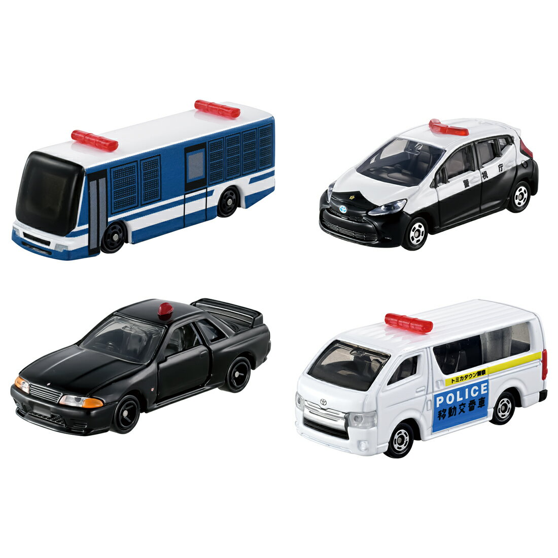 トミカギフトセットからトミカタウンで働く警察車両のセットが登場！＜セット内容＞【アクション】・トミカタウン移動交番（トヨタ ハイエース）【サスペンション】・トミカタウン警察パトロールカー（トヨタ アクア）【サスペンション】・トミカタウン警察覆面パトロールカー（日産 スカイラインGT-R（BNR32））【サスペンション/左右ドア開閉】・トミカタウン警察人員輸送車【サスペンション】【セット内容】トミカタウン移動交番（トヨタ ハイエース）(1),トミカタウン警察パトロールカー（トヨタ アクア）(1),トミカタウン警察覆面パトロールカー(1),トミカタウン警察人員輸送車(1)【対象年齢】：3才〜
