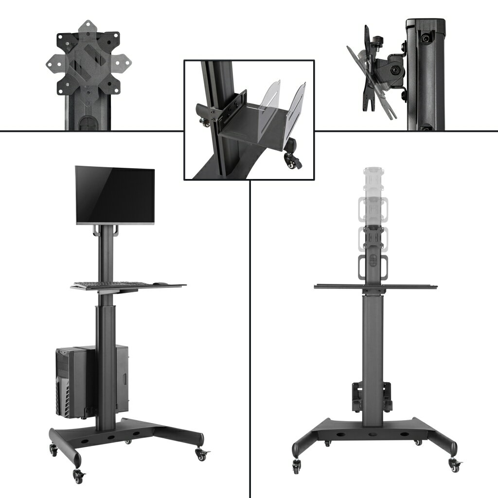 移動式PCモニタースタンド/VESAマウントアダプタ、CPUホルダー、キーボードトレイ搭載/ワークステーションモバイルカート/高さ調節機能付き/キャスター付きメディカルパソコンラック