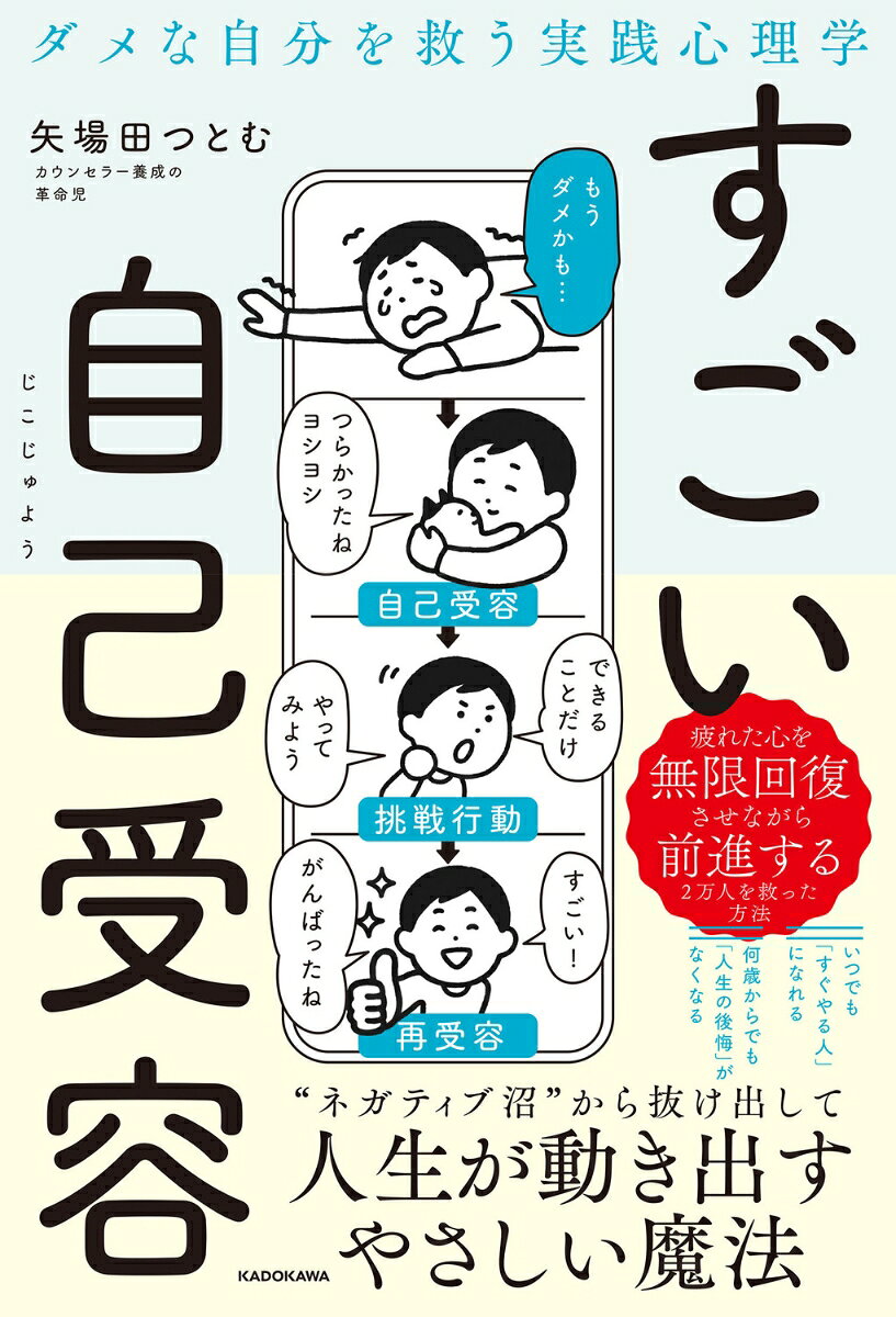 ダメな自分をやさしくヨシヨシしてあげたとき、人生の流れが静かに、確実に、変わり始めます。「なんだかすごく安心する……」疲れた心を自己受容で回復していけば、後回しにしていた「やるべきこと」「やりたいこと」もサっとできてしまう。心を無限回復させながら……人生どこまでも歩んでいけるのです。カウンセラー養成の革命児が、「2万人を救った方法」を初公開！
STEP1　自己受容「そのままでいいんだよ」/STEP2　挑戦行動「できることだけやってみよう」/STEP3　再受容「すごい！ がんばったね」/STEP4　心の実況中継「いま私どう感じてる？」/STEP5　自己理解「どんなクセに困ってる？」/STEP6　心の境界線　「もう誰にも振り回されない」/STEP7　新しい人生　「一度きりの人生どう生きる？」
STEP1　自己受容1「そのままでいいんだよ」
STEP2　挑戦行動「できることだけやってみよう」
STEP3　自己受容2「よくがんばったね」
STEP4　心の実況中継「いま私どう感じてる？」
STEP5　自己認識「どんなクセに困ってる？」
STEP6　心の境界線　「もう誰にも振り回されない」
STEP7　新しい人生　「一度きりの人生どう生きる？」