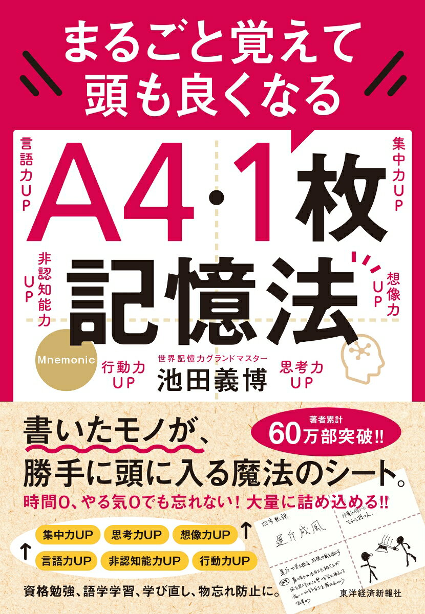 「ドラえもんのひみつ道具」のような記憶術。専門用語、膨大な英単語、何人もの顔と名前、覚えなければいけないテキストーこのような大量の課題を前にした時、『ドラえもん』に登場する「アンキパン」というひみつ道具を欲しいと思った人も多いかもしれません。アンキ（暗記）パンとは「その表面にノートなどを押しつけ、内容を転写させて食べるだけで、完璧に記憶できる」という夢のような道具です。「そんなことフィクションの中だけの話」と思ったそこのあなた。本書では、アンキパンを超える夢のような記憶の技法を伝授します。