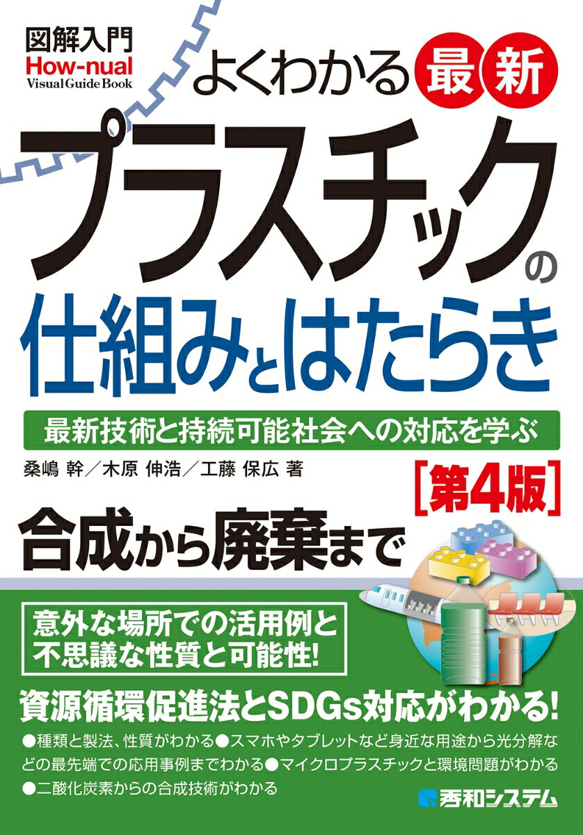 最新技術と持続可能社会への対応を学ぶ。合成から廃棄まで。意外な場所での活用例と不思議な性質と可能性！資源循環促進法とＳＤＧｓ対応がわかる！種類と製法、性質がわかる。スマホやタブレットなど身近な用途から光分解などの最先端での応用事例までわかる。マイクロプラスチックと環境問題がわかる。二酸化炭素からの合成技術がわかる。