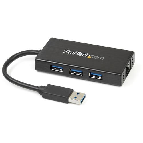 ギガビットイーサネット対応ポータブルUSB 3.0ハブ。USB 3.0ポート3口とギガビットイーサネットポートを単一のUSB 3.0接続で増設し、ノートパソコンの接続機能を拡張します。Microsoft Surface Pro 3/4、 Surface Book、Dell XPS 13はじめ多くのノートパソコンで便利なアクセサリとなります。

このハブは、ギガビットネットワークサポートとUSB 3.0ハブアクセスを軽量ながら頑丈なアルミ筐体に統合し、最新のモバイルコンピュータでは不足しがちな（または搭載されていない）ポート接続機能を提供しながら、携帯に適したコンパクトさを保持しています。また、USB 3.0ホストケーブルは本体一体型になっており、別途ケーブルを持ち運ぶ必要がなく、ノートパソコンバッグに軽く収まります。

ハブに搭載されたイーサネットポートは、IEEE 802.3/u/ab規格に完全準拠の有線ギガビットアクセスを提供、USB 3.0インターフェイスの5Gbps性能を活かしてより高速かつ安定したネットワーク接続を行います。

このモバイルUSBハブは、マウスやキーボード、USBフラッシュドライブなどの低消費電力周辺機器の接続に適しています。また、ユニバーサルACアダプタも付属しており、外付けハードドライブケース" append_qs="filter_IOINTERFACE=USB+3.0などのデバイス接続にも対応します。

StarTech.comでは、本製品に2年間保証と無期限無料技術サポートを提供しています。