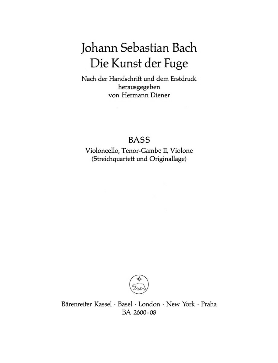 【輸入楽譜】バッハ, Johann Sebastian: フーガの技法 BWV 1080/Diener編: チェロ/テノール・ガンバ II/コントラバス
