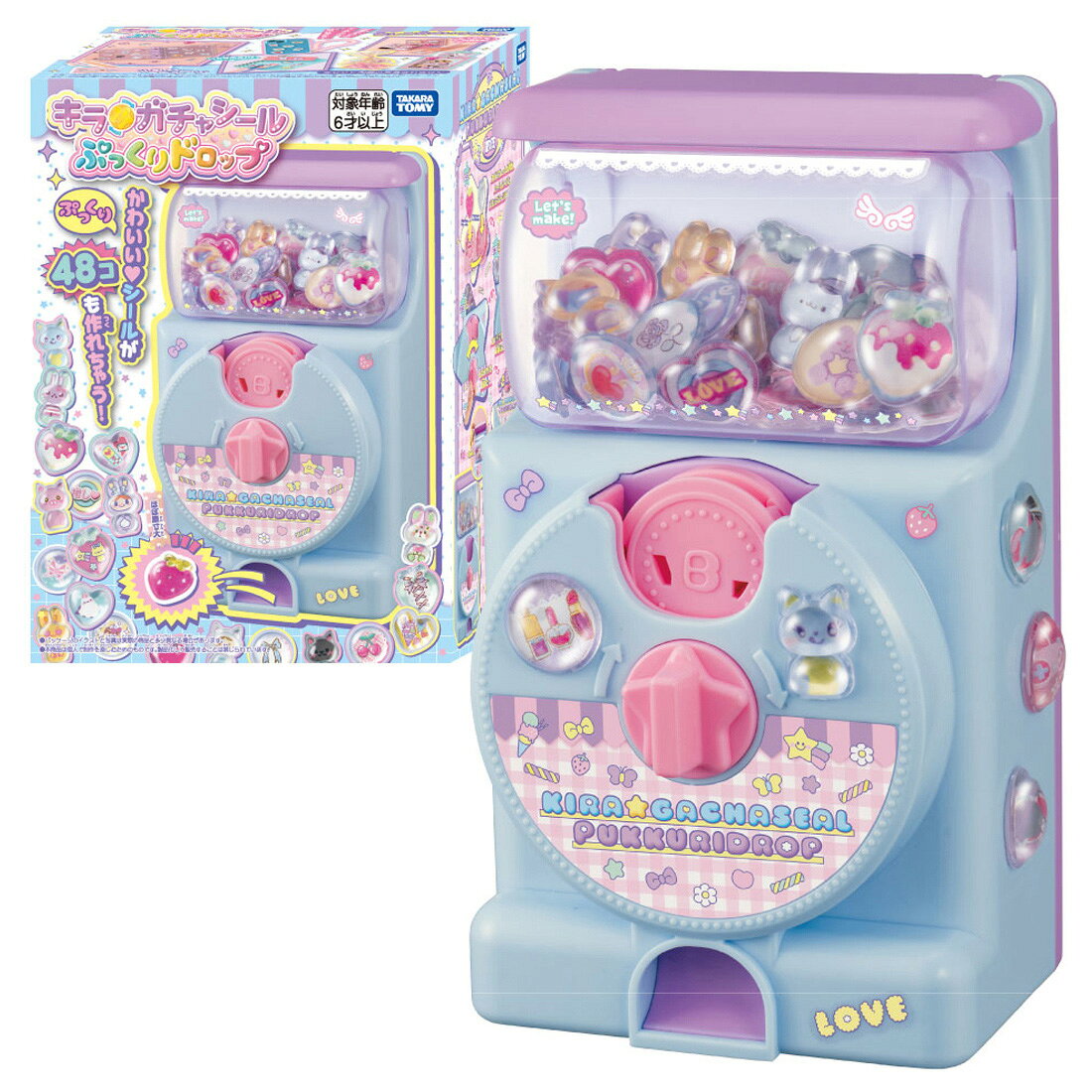 ガチャマシンデザインの本体で、ぷっくりとした立体感のあるシールが48個も手作りできちゃう！ドロップパーツとシールパーツをセットして、ガチャのダイヤルを回すと取り出し口からぷっくりしたかわいいシールが出てくるよ！好きなところに貼ったり、お友だちと交換して楽しもう♪【セット内容】本体(1),ドロップパーツランナーA（まる）(1),ドロップパーツランナーB（ハート、いちご）(1),ドロップパーツランナーC（ねこ、うさぎ）(1),ガイドプレートA(1),ガイドプレートB(1),ガイドプレートC(1),シールパーツ用スティック(1),専用シールシート(1),本体用ラベル(1),取扱説明書(1)【対象年齢】：6才〜