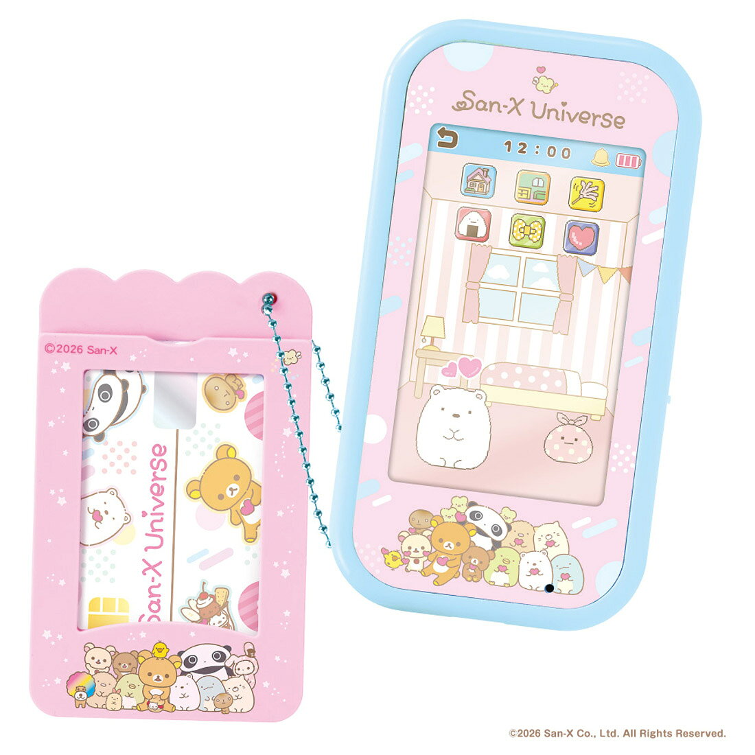 カードタッチでピっ！と遊べるスマホトイが「サンエックスユニバース」で登場♪スマホにカードをタッチでお買いものなど、あこがれのスマホ体験ができちゃう！マイキャラをつくっておきがえ、カメラアプリやすみっコぐらしのおせわなど75種類のアプリを搭載。薄く軽い充電式の本体に専用カードとカードケースつき。・リラックマ、すみっコぐらし、たれぱんだなどのキャラクターが登場！・カードタッチでショッピング遊びやカードキーにもなっちゃう！　スーパーマーケットでお買い物、スタンプやフレーム購入、銀行でコインをチェック、　おへやのカードキーにもなります。・マイキャラをつくっておきがえ！　自分や友だちのプロフ登録ができるよ。「サンエックスユニバース」のお洋服におきがえもできちゃう。・ショートアニメメーカー　かわいい動画がつくれるよ！・アプリは全部で75種類！　アプリストアから好きなアプリを選んでダウンロードし、自分好みのカスタマイズが可能です。・すみっコたちのおせわ　なでなでしたり、おきがえしたり、すみっコのおせわをしてなかよしどUP！・カメラ　ゆがみカメラ、いろかえカメラ、かぶりものカメラなど、撮影自体が楽しくなるエフェクトがたくさん！・動画撮影と編集　うごくスタンプやおんがくをつけてオリジナルのショートムービーを作ろう！　動画をとうこうするとハートがもらえるかも！・すみっコタウン　自分だけの街が作れちゃう！作った街にすみっコたちがやってくるよ。・すみっコのアニメやマンガ　日替わりですみっコのアニメが楽しめます。すみっコのマンガもよめるよ。その他にも、すみっコとメッセージのやりとりや、ミニゲーム、SNS投稿など楽しいアプリが盛りだくさん！＜機能詳細＞・充電式電池（リチウム電池）内蔵、Type-Cの充電用USBケーブル付・マイクロSDカードスロット搭載　Sony、SanDisk、KIOXIA製のマイクロSDカード、マイクロSDHCカード2〜32GB対応。※マイキャラスマホは電話回線やインターネットへ接続することはできません。※写真やイラストはイメージです。実際の商品とは異なる場合があります。【セット内容】マイキャラスマホ本体(1),専用カード（ユニパス）(1),カードケース(1),充電用USBケーブル(1),取扱説明書(1)【対象年齢】：6才〜