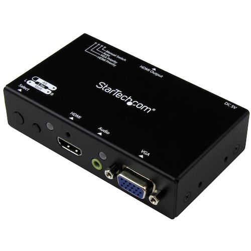 HDMI & VGA自動切り替えスイッチ。HDMIとVGAのオーディオビデオソースを同一のHDMIディスプレイまたはプロジェクタに接続し、自動または手動で、表示するビデオソースを切り替えます。このマルチ入力AVスイッチは最大で1920x1200（1080p）のビデオ解像度に対応し、付属の取り付け金具ですっきりとしたプロ仕様の設置が可能です。

【VGAとHDMIでひとつのスイッチを使用】
このAVスイッチには、VGA変換機能が内蔵されており、別途アダプタやスケーラーを使用せずに、HDMIとVGAビデオソースを同じHDMIディスプレイに接続することができます。

【簡単な制御】
本製品は2つのオートスイッチモードに対応しており、操作が簡単です。自動切替モードは新しく接続されたデバイスを検出して選択し、優先モードはデフォルトに設定したポートを自動で切替え選択します。

【会議室の設定を気にせずプレゼンテーションに専念】
このAVスイッチは、会議室や講義室での使用を念頭に設計されています。VGAとHDMI入力で幅広い機器に対応し、コンバータ内蔵により、別途アダプタを使用しなくても備え付けのHDMIディスプレイに接続できるようになっています。学生・社員がタイプの異なるソースデバイスを使用していても、自動切替えで備え付けのディスプレイに各自の画面を表示できるので、プレゼンテーションなどの作業がスムーズに進みます。

同様の製品でVGA出力に対応するものが必要な場合は、VS221HD2VGAをご覧ください。

StarTech.comでは、本製品に2年間保証と無期限無料技術サポートを提供しています。