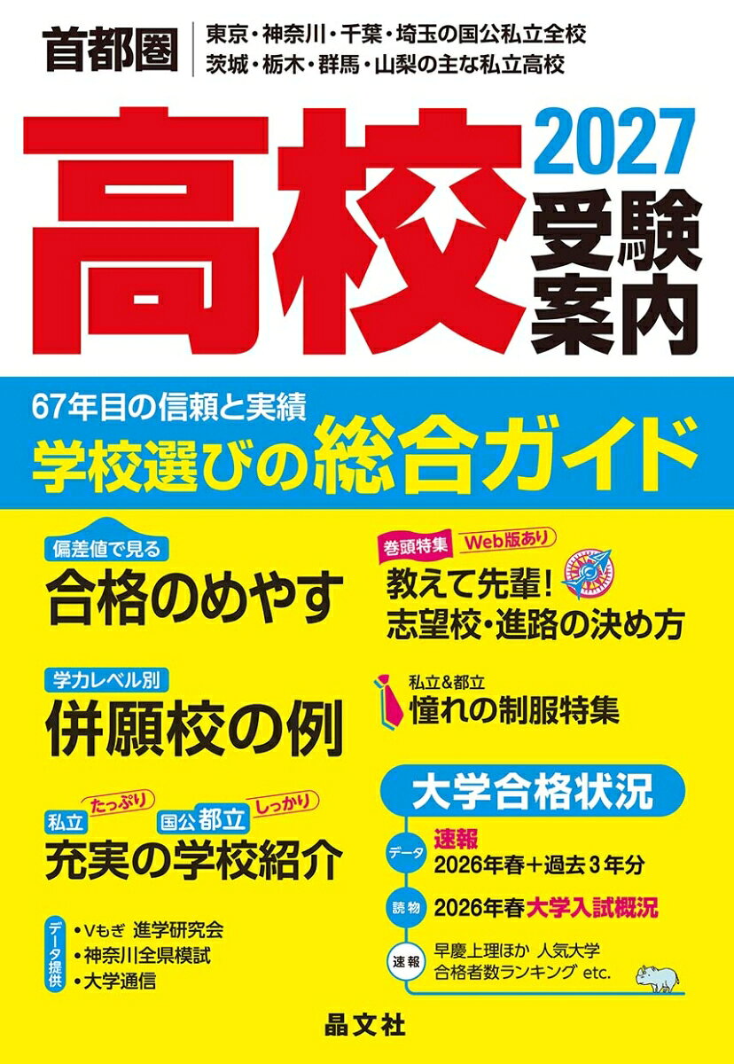 ★黄色い受験案内は受験生の必須アイテム
東京・神奈川・千葉・埼玉の全高校、茨城・栃木・群馬・山梨の主な高校を私立・都公立別に配列。
私立高校紹介ページは見やすい2色刷り。
首都圏高校受験はこの一冊で！

【各校のおもな掲載情報】
教育理念、学科・コース編成、教育内容、クラブ活動、海外研修、施設、オンライン授業、土曜日の登校形態、進路情報、系列大学への進学状況、高校の入試要項・応募状況・合格最低点・推薦基準・偏差値とグラフで見る合格のめやす、学費、併願校の例など、情報満載！

【巻頭カラーページ】
「学校生活を彩る 憧れの制服特集」で私立&都立322校の制服写真を一挙掲載。女子用スラックスや自由選択制の有無、リニューアル情報などをアイコンで表示。

【充実の解説・読物ページ】
●巻頭特集「教えて先輩！ 志望校・進路の決め方」では、私立高校卒業生にインタビュー。高校の志望校選びから、高校卒業後の進路選択に至るエピソードをレポートします。さらにWeb版の記事では、先輩方をサポートした学校の体制やキャリア教育の取り組みを詳しく紹介。

●解説「志望校選びはココが大事！ 高校入試のポイント」では、志望校を選ぶ際の着目点、私立・公立それぞれの入試の仕組み、受験パターンの組み立て方、学費と国や都県の支援金・助成金制度について説明します。

●巻末読物「2026年春の大学入試はどう行われたか」では、入試概況を解説。大学の受験者数ランキング速報、早慶上理・GMARCH合格者数の高校ランキング速報も掲載します。

────────────────────────
【晶文社だけの特典情報】
●進学研究会（Vもぎ）や伸学工房（神奈川全県模試）より提供されたデータに基づく「合格のめやす」を掲載。模擬試験の偏差値を参考に、学力に合った志望校を探しましょう。

●合格のめやすをグラフ化し、一目瞭然。偏差値ごとの合否分布が視覚的に掴めます。

●「併願校の例」は、地域別・学力段階別。さらに私立は公立・私立別で詳しく、受験パターンの参考になります。

●都立高校の情報充実。学校の特色や進路情報、合格のめやす、入試情報を紹介。大学合格状況は現役合格数を掲載した、他ではあまり見られない貴重な資料です。

●神奈川・千葉・埼玉公立高校は、進路情報、応募状況、合格のめやす、併願例など、精選された情報を提供。各校HPのリンク先一覧につながるQRコード付き

●大学合格状況は最新2026年春＋過去3年分で近年の推移がわかります。

●「学力段階表」は男女別に都県・学校・コースごとの偏差値を収載。都県をまたいだ志望校の比較にも使えます。

●学校訪問レポートなど、書籍発行後の新情報をWebサイト・SNSで配信。