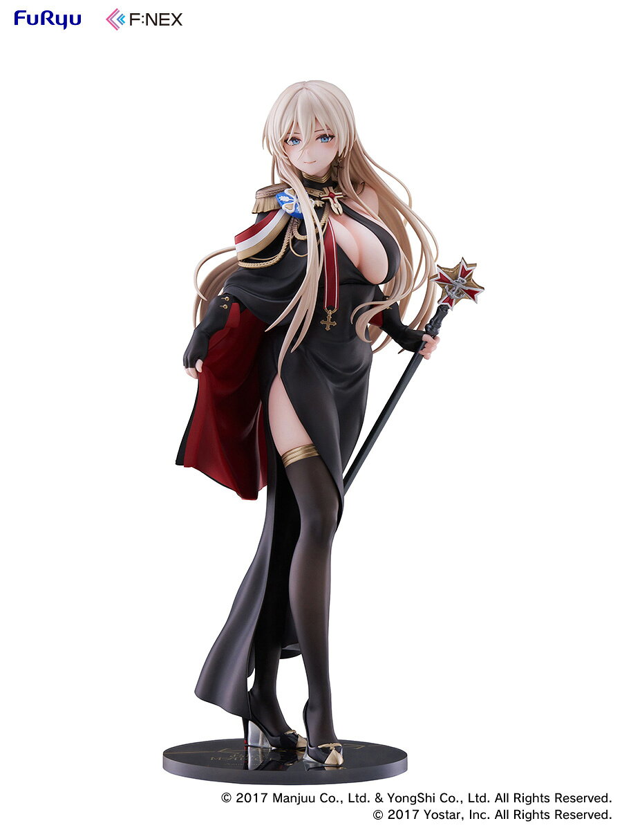 『アズールレーン』より、「ビスマルク」が1/7スケールフィギュアとなって登場！

フリューの高品質ホビーブランド『F:NEX』から、7周年記念イラストをモチーフにした正装姿の「ビスマルク」を立体化いたしました！
シックな黒の衣装と血色の良い柔らかな肌のコントラストは丁寧な彩色で表現。

艶やかに輝く金髪のパール塗装や随所にあしらわれた豪華なゴールド装飾、オリジナルデザインの台座が、彼女の美しさを一層華やかに彩ります。
さらに、カーテージ風の優雅なおじぎを交えたポージングは、豊かな胸元としなやかな脚のボディラインが際立ち、思わず目を奪われる仕上がりです。

風を受けて躍動的に翻るドレスの裾やドレープが、どの角度から見ても美しく贅沢な立体感を生み出しています。

威厳と気品が同居する特別なビスマルクを、ぜひあなたのお手元へお迎えください♪
ご予約はお早めに！
※台座は仮のものとなります。

サイズ 全高：約250mm(台座含まない)

※掲載写真は実際の商品とは多少異なる場合がございます。

(C) 2017 Manjuu Co., Ltd. & YongShi Co., Ltd. All Rights Reserved. &copy; 2017 Yostar, Inc. All Rights Reserved.

・ホビー系商品についての諸注意
メーカー都合により発売の大幅な延期が発生する可能性がございます。
予約商品についてはメーカーから順次入荷次第の発送となります。メーカー公表の発売日とは異なる場合がございますのでご了承ください。【対象年齢】：15歳以上