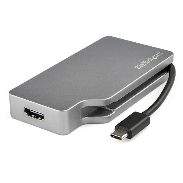 USB-C対応マルチアダプタ（スペースグレー）。USB Type-Cポート搭載ノートパソコンをVGA／DVI／HDMI／Mini DisplayPortディスプレイに接続するポータブルソリューションです。カラーバリエーションとして、シルバー（製品番号：CDPVGDVHDMDP）とローズゴールド（製品番号：CDPVDHDMDPRG）があります。

【携帯を想定したオールインワン型ビデオアダプタ】
フォーインワン（4-in-1）タイプのビデオアダプタにより、ディスプレイごとに異なるアダプタを携帯する必要がなくなります。VGA、DVI、HDMI、mDPの4種類の出力に対応し、ノートパソコンをあらゆるタイプのディスプレイに接続できるようになります。トラベル用として、またはBYOD（私物デバイス持ち込み）環境に最適なプラグアンドプレイソリューションです。

【驚きの画質を実現】
HDMIおよびmDP出力では、4K解像度に対応しており、HD解像度1080pの4倍にあたる高画質を提供します。すべての出力（HDMI／mDP／VGA／DVI）で1920 x 1200のHD解像度に対応しています。

【スタイリッシュな接続アクセサリ】
このUSB Type-Cマルチアダプタは、アルミ筐体を使用しており、スペースグレーのMacBookと同色のデザインになっています。USB-C DP Altモードに対応したデバイスであれば、MacBook以外でも使用可能です。収納しやすい本体一体型のUSB-Cマグネットケーブルがついており、持ち運びに最適です。

StarTech.comでは、本製品に3年間保証と無期限無料技術サポートを提供しています。