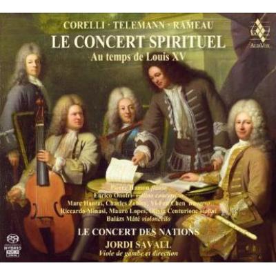 公開演奏会の祖「コンセール・スピリチュエル」
サヴァールによるルイ15世時代の演奏会の曲目再現！

ヴェルサイユ宮廷での「祝祭」がフランス文化の中心だったルイ14世時代が終わると、文化活動の中心はパリに移りました。そのパリで1725年に開始されたのが、公開演奏会の祖とも言われる「コンセール・スピリチュエル」です。
　ルイ15世時代なかばからフランス革命勃発まで、60年以上に渡って続けられたこのコンサートには、当初は宗教曲も組み込まれていましたが、しだいに器楽アンサンブル主体のプログラム構成となり、市民を対象とした活気ある演奏会へと姿を変えていきます。
　サヴァールが今回とりあげたのは、コレッリの合奏協奏曲に、テレマンの組曲と二重協奏曲、そしてラモーの組曲というもので、快活でありながら優雅な美しさをも満喫できる内容となっています。
　サヴァール率いるコンセール・デ・ナシオン演奏は、いつもながら隅々まで咀嚼された雄弁で見事なもの。鮮烈な優秀録音が魅力に輪をかけ、宮廷文化と市民文化の端境期に発足した公開演奏会の雰囲気を楽しませてくれます。

【収録情報】
・コレッリ：合奏協奏曲ニ長調Op.6-4
・テレマン：組曲ニ長調TWV55:D6
・テレマン：フラウト・ドルチェとヴィオラ・ダ・ガンバのための二重協奏曲イ短調TWV52:a1
・テレマン：組曲ホ短調TWV55:e1（ターフェルムジーク第1集より）
・ラモー：『優雅なインド』組曲
　ル・コンセール・デ・ナシオン
　ジョルディ・サヴァール（指揮、ヴィオラ・ダ・ガンバ）

　録音時期：2010年2月16-19日
　録音場所：カタルーニャ自治州カルドーナ城参事会教会
　録音方式：DSDレコーディング（セッション）
　SACD Hybrid
　CD STEREO/ SACD STEREO/ SACD SURROUND
Powered by HMV最高の音で楽しむために！