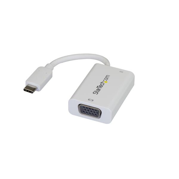 USB-C - VGAディスプレイアダプタ。MacBookその他USB Type-C 対応のノートパソコンをVGAディスプレイに接続します。このビデオアダプタはUSB Power Deliveryに対応しており、同じUSB-Cポートからビデオを出力しながら同時にノートパソコンに給電を行います。ノートパソコンのスタイルに合わせてブラック（CDP2VGAUCP）のアダプタもご利用可能です。

【同じポートで電力とビデオに対応するUSB Power Delivery】
小型軽量のノートパソコンは、携帯しやすい代わりにポートが少なくなっています。このUSB-Cビデオアダプタは、60WのUSB Power Deliveryに対応しており、予備のUSB-Cポートを備えています。このため、ビデオを出力中でもノートパソコンのUSB-C電源アダプタを使用して端末の充電が可能です。Dell XPS、MacBook Proはじめ多くのノートパソコンではUSB Power DeliveryによるUSB-Cポートからの充電に対応しています。互換性についてはご使用中の端末の仕様をご確認ください。

【2048 x 1260のHD画質を保持】
このUSB Type-C接続VGA対応グラフィックアダプタは、2048 x 1260 60HzのVGA解像度でビデオ信号を保持します。また、1080pや720pなどの一般的なHD解像度もサポートしています。

【MacBookその他ノートパソコンに合うスタイリッシュなアダプタ】
本体一体型のUSB-Cケーブルがついたオールホワイトのアダプタ筐体は、MacBookとの相性が抜群です。iPad Pro 2018 などUSB-C DP Altモードに対応するすべてのデバイスと互換性があります。

StarTech.comでは、本製品に3年間保証と無期限無料技術サポートを提供しています。