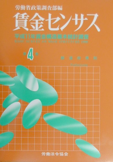 平成１１年７月に実施された「賃金構造基本統計調査」の結果による統計集。主要産業に雇用される常用労働者の属性別に事業所の属する地域、産業、企業規模別に賃金の実態を明らかにする。全４分冊の第４巻で都道府県別の賃金構成を掲載。統計表は年齢階級、職種・性別、新卒者、パートタイム労働者の賃金構成を都道府県別に掲載、別に企業規模５〜９人の企業の賃金構成を掲載する。参考として職種一覧表、職種解説とほかに参考表として男性・女性労働者別の都道府県別きまって支給する現金給与額、所定内給与額及び年間賞与その他特別給与額等を収録。