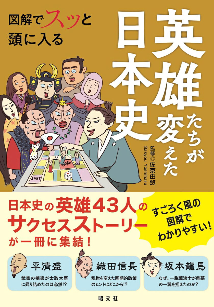 日本史を「起きた出来事」だけでとらえるのではなく、キーパーソンとなる英雄たちがどのような経緯でその出来事に結びついたのか、どのようにしてその出来事を成し遂げたのかをわかりやすくひも解きます。日本史を学ぶ学生や、日本史に関心を持ち学び直したい大人に向けて、図解にエンターテインメント要素も織り交ぜ、楽しみながら時代ごとのおもな出来事を総ざらいできる新しい切り口の日本史解説本です。英雄たちがどのような状況でどのように立ち向かったのかがスッと頭に入ります。

●第1章　古代〜奈良時代
卑弥呼
継体天皇
中大兄皇子
天武天皇
藤原不比等
聖武天皇
鑑真

●第2章　平安時代
桓武天皇
最澄と空海
藤原道長
紫式部と清少納言
藤原清衡
平将門
平清盛
源義経

●第3章　鎌倉時代
源頼朝
北条政子
北条泰時
親鸞
北条時宗

●第4章　室町・戦国時代
足利尊氏
足利義満
足利義政
蓮如
伊勢宗瑞
織田信長
豊臣秀吉
徳川家康

●第5章　江戸時代
徳川家光
徳川綱吉
徳川吉宗
田沼意次
葛飾北斎
伊能忠敬

●第6章　幕末・明治・大正時代
西郷隆盛
坂本龍馬
勝海舟
大久保利通
伊藤博文
大隈重信
山県有朋
後藤新平

【監修者】佐京由悠
上智大学文学部史学科（日本史コース）卒業、大学院修了。予備校講師として教鞭を取るほか、教育メディアへの寄稿や教員研修の講師、自身のメディア運営（noteなど）を通じて教育や歴史に関する発信を。『ビジュアル版 一冊でつかむ 秀吉と秀長』（河出書房新社、2025年9月発売）などを監修。