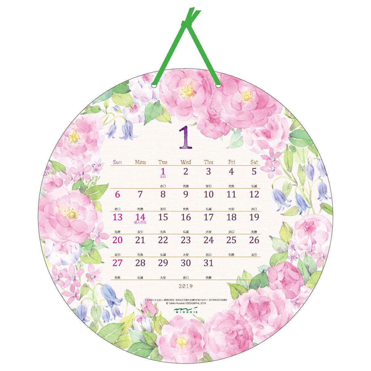 2019年 カレンダー 壁掛け 丸形 カントリータイム リース柄