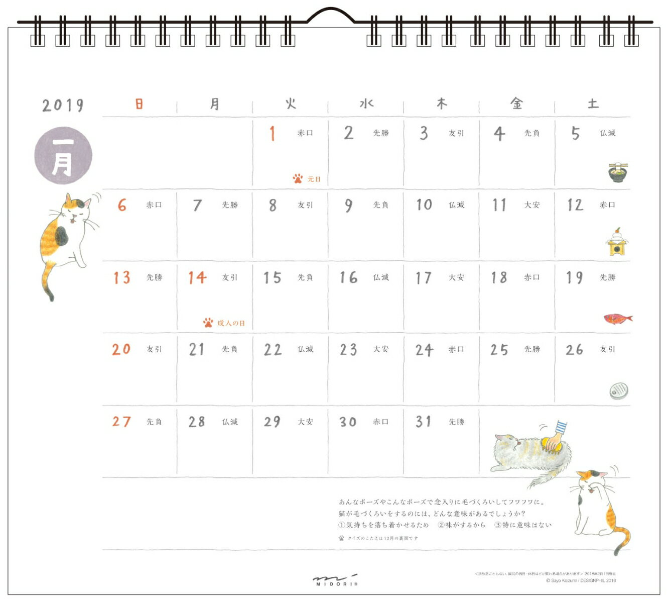 2019年 カレンダー 壁掛け L ネコ柄
