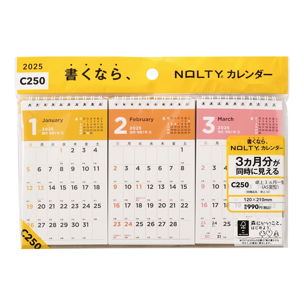 能率 2025年1月始まり NOLTY(ノルティ) カレンダー卓上3ヵ月一覧（A5変型） C250