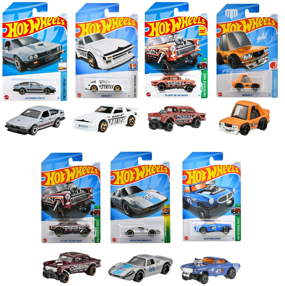 ＜セット内容＞
ホットウィール(Hot Wheels) ベーシックカー アルファロメオ GTV6 3.0【ミニカー】 【3才~】 HXP95
ホットウィール(Hot Wheels) ベーシックカー マツダ RX-7【ミニカー】 【3才~】 HXP90
ホットウィール(Hot Wheels) ベーシックカー '55 シェビー ベルエア ギャッサー【ミニカー】 【3才~】 HXP87
ホットウィール(Hot Wheels) ベーシックカー マツダ RX-3 乗り物おもちゃ ミニカー 3歳から オレンジ HXR07
ホットウィール(Hot Wheels) ベーシックカー '55 シェビー ベルエア ギャッサー 乗り物おもちゃ ミニカー 3歳から レッド HXR01
ホットウィール(Hot Wheels) ベーシックカー ポルシェ 904 カレラ GTS 乗り物おもちゃ ミニカー 3歳から シルバー HYB75
ホットウィール(Hot Wheels) ベーシックカー ボルボ P1800 ギャッサー 乗り物おもちゃ ミニカー 3歳から ブルー HXR06

ーーーーーーーーーーーーーーーーーーーーーーーー

◆◇ホットウィール(Hot Wheels) ベーシックカー アルファロメオ GTV6 3.0【ミニカー】 【3才~】 HXP95◇◆

【内容】ホットウィールがモチーフとしたのは、「小さなアルファロメオ」というニュアンスであるアルフェッタと名付けられた、同社の中型車のクーペモデルのGTである。
アルフェッタは本来車体の前方寄りにエンジンと一体化してマウントされる重い変速機を、後輪のデフ（差動装置）と結合して搭載し、車両の前後重量愛分を均一に近くするといった工夫が凝らされていたことでも知られる。
アルフェッタGTは年々高性能化が図られ、排気量拡大版、ターボモデル、さらにはそれまでの直列4気筒車に加えて、V型6気筒車も追加されている。今回、ホットウィールが再現したのは、その中でも200台強のみ南アフリカで販売された178馬力を発生する3.0リッターV6搭載車の超レアモデルだ。
【原産国】マレーシア【対象年齢】3才〜


◆◇ホットウィール(Hot Wheels) ベーシックカー マツダ RX-7【ミニカー】 【3才~】 HXP90◇◆

【内容】マツダのロータリーエンジン（RE）専用車として、1971年に登場したサバンナ。サバンナ自体はセダンや2ドアハードトップ、ステーションワゴンなどのボディスタイルを有したが、その後継モデルとして1978年に発売されたサバンナRX-7は2ドアのスポーツカーへと一本化された。
ホットウィールがモチーフとしたのは1978年に登場した初代RX-7のレースカーで、太いタイヤを履くためのオーバーフェンダーの他、巨大なフロントスポイラーやリアウィングを備えているのが特徴だ。
【原産国】マレーシア【対象年齢】3才〜
【注意】ブリスターカードの裏面は日本語パッケージとなります。


◆◇ホットウィール（Hot Wheels） ベーシックカー '55 シェビー ベルエア ギャッサー【ミニカー】 【3才~】 HXP87◇◆

【内容】かつてアメリカ車が毎年のようにモデルチェンジをしていた時代に発売された車で、特に人気が高いのが1955〜1957年に製造されたシボレー。この“トライシェビー（3年間3種のシボレーの意味）”という愛称で親しまれている三か年モデルのうち、今回ホットウィールがモチーフにしたのはその最初の1955年型、速く走るために改造されたクルマである。
商品名にあるギャッサーは、1950〜1960年代前半のドラッグレース（1/4マイルをいかに速く走るかを競う）で人気のあったスタイルで、エンジンのパワーを後輪がしっかり受け止めて加速できるように、フロントの車高がカチ上げられているのが特徴。
【原産国】マレーシア　【対象年齢】3才〜


◆◇ホットウィール(Hot Wheels)　ベーシックカー マツダ RX-3 乗り物おもちゃ ミニカー 3歳から オレンジ HXR07◇◆

【内訳】日本ではロータリーエンジン（RE）専用車として1971年に発売されたサバンナ。ホットウィールの製品名にあるRX-3は輸出仕様の名称だが、日本でも初代サバンナのことをRX-3と呼ぶことも多い。REは通常のピストンの上下運動でパワーを生み出すレシプロエンジンとは異なり、おむすび型のローターと呼ばれる異形ピストンの回転運動でパワーを作り出すこともあって、そのドライブフィールは“モーターのようだ”と喩えられることも少なくない。
すでに現在RE搭載車は市販されていないが、マツダのみがそれを完全に市販・実用化したこともあって、マツダのアイデンティのひとつとして考えるクルマ好きも多い。
ホットウィールではレース仕様のRX-3をモチーフにしながら、1980年代に流行した日本のデフォルメ・プラモデルにヒントを得た背高ノッポ仕様にアレンジしている。
【原産国】マレーシア　【対象年齢】3歳〜


◆◇ホットウィール(Hot Wheels)　ベーシックカー '55 シェビー ベルエア ギャッサー 乗り物おもちゃ ミニカー 3歳から レッド HXR01◇◆

【内訳】かつてアメリカ車が毎年のようにモデルチェンジをしていた時代に発売された車で、特に人気が高いのが1955〜1957年に製造されたシボレー。この“トライシェビー（3年間3種のシボレーの意味）”という愛称で親しまれている三か年モデルのうち、今回ホットウィールがモチーフにしたのはその最初の1955年型、速く走るために改造されたクルマである。
商品名にあるギャッサーは、1950〜1960年代前半のドラッグレース（1/4マイルをいかに速く走るかを競う）で人気のあったスタイルで、エンジンのパワーを後輪がしっかり受け止めて加速できるように、フロントの車高がカチ上げられているのが特徴。
【原産国】マレーシア　【対象年齢】3歳〜


◆◇ホットウィール(Hot Wheels)　ベーシックカー ポルシェ 904 カレラ GTS 乗り物おもちゃ ミニカー 3歳から シルバー HYB75◇◆

【内訳】1964年から実戦に投入されたレーシングカー、ポルシェ 904 カレラGTS。FIA（国際自動車連盟）の定める競技用車両規定のGT2クラスに則って設計されており、100台強を生産してホモロゲーションを獲得。車体中央にポルシェ356用の2リッター空冷水平対向4気筒DOHCエンジンをチューンングして搭載し、抜群のハンドリング、高い耐久性、260km/h以上の最高速度などを誇り、トータルバランスに優れた1台だった。
またレースカーでありながら、マフラーを装備した個体であれば公道走行も可能だった。1964年のル・マン24時間でクラス優勝した他、数多のレースで勝利をものにしている。
ホットウィールでは1964年のタルガフローリオで総合優勝を果たした個体をモチーフにしている。実車は全高が1,065mmと非常に低いが、そのフォルムを巧みに再現。また日本では1964年の第2回日本グランプリで、2代目スカイラインGTの優勝を阻んだマシーンとしても有名だ。
【原産国】マレーシア　【対象年齢】3歳〜


◆◇ホットウィール(Hot Wheels) ベーシックカー ボルボ P1800 ギャッサー 乗り物おもちゃ ミニカー 3歳から ブルー HXR06◇◆

【内容】2018年に始まった実車のカスタムカーコンテスト、ホットウィール・レジェンドツアー。その優勝車は後にホットウィール化されるという栄誉が与えられるが、このボルボP1800ギャッサーは2021年のレジェンドツアーで優勝した、英国のリー・ジョンストン氏が製作した1台。
ベースとなったのは1960年から1974年まで生産された、スウェーデンはボルボのスペシャリティカー、P1800。P1800はイタリアの著名な自動車デザイン会社、フルアが手掛けたスタイリッシュなボディが特徴。
リー・ジョンストン氏は同車を元に、アメリカで人気のドラッグレース（1/4マイルの距離をいかに速く走り抜けるかを競う）で、1960年代に高い人気を誇ったギャッサー・カテゴリーの流儀に則ってカスタムしている。
アメリカ車用の7.4リッター超のV8エンジンを600馬力程度まで改造して搭載し、その大パワーを後輪に余すことなく伝えるために、フロントの車高が高くリフトアップしているのが特徴。今回のリリースではホットウィールのオリジナルデザインで仕上げられている。
【原産国】マレーシア　【対象年齢】3歳〜
【注意】ブリスターカードの裏面は日本語パッケージとなります。

ーーーーーーーーーーーーーーー

【Brandについて】カリフォルニア生まれ 1秒間に16台売れているミニカー。
【ホットウィール】Hot Wheels＝「かっこいい車！」独特な南カルフォルニア風の外観、高速に動くホイール、（当時の最新技術！）そして 赤いラインの入ったタイヤ。現在、世界で一番売れているミニカーです。
【プレゼントに最適】お誕生日、クリスマスプレゼント、入園・入学祝いなど記念日でのプレゼントにぴったりです。