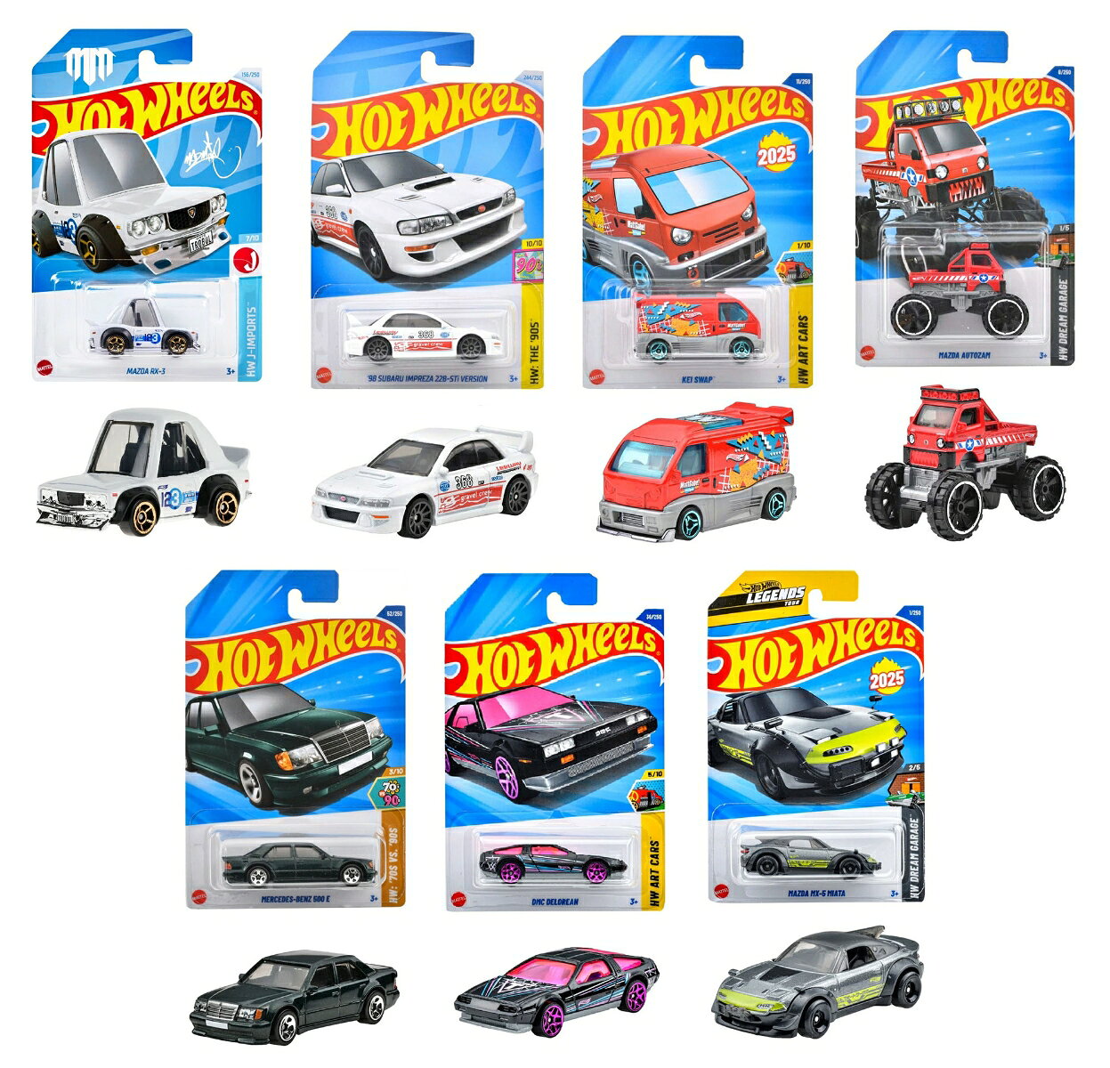 ホットウィール(Hot Wheels) ベーシックカー マツダ RX-3 乗り物おもちゃ ミニカー 3歳から ホワイト HXR23
ホットウィール(Hot Wheels) ベーシックカー '98 スバル インプレッサ 22B-STi バージョン 乗り物おもちゃ ミニカー 3歳から ホワイト HXR30
ホットウィール(Hot Wheels) ベーシックカー ケイスワップ 乗り物おもちゃ ミニカー 3歳から レッド JFN64
ホットウィール(Hot Wheels) ベーシックカー マツダ オートザム 乗り物おもちゃ ミニカー 3歳から レッド JFN39
ホットウィール(Hot Wheels) ベーシックカー メルセデス・ベンツ 500E 乗り物おもちゃ ミニカー 3歳から グリーン JFN67
ホットウィール(Hot Wheels) ベーシックカー DMC デロリアン 乗り物おもちゃ ミニカー 3歳から ブラック JFN34
ホットウィール(Hot Wheels) ベーシックカー マツダ MX-5 ミアータ 乗り物おもちゃ ミニカー 3歳から グレー JFN41

ーーーーーーーーーーーーーーーーーーーーーーー

◆◇ホットウィール(Hot Wheels) 　ベーシックカー マツダ RX-3 乗り物おもちゃ ミニカー 3歳から ホワイト HXR23◇◆

【内容】日本ではロータリーエンジン（RE）専用車として1971年に発売されたサバンナ。REは通常のピストンの上下運動でパワーを生み出すレシプロエンジンとは異なり、おむすび型のローターと呼ばれる異形ピストンの回転運動でパワーを作り出すこともあって、そのドライブフィールは“モーターのようだ”と喩えられることも少なくない。
すでに現在RE搭載車は市販されていないが、マツダのみがそれを完全に市販・実用化したこともあって、マツダのアイデンティのひとつとして考えるクルマ好きも多い。
ホットウィールでは、レース仕様のRX-3をモチーフにしながら、1980年代に流行した日本のデフォルメ・プラモデルにヒントを得た背高ノッポ仕様にアレンジしている。
【原産国】マレーシア　【対象年齢】3才〜
【注意】ブリスターカードの裏面は日本語パッケージとなります。


◆◇ホットウィール(Hot Wheels) 　ベーシックカー '98 スバル インプレッサ 22B-STi バージョン 乗り物おもちゃ ミニカー 3歳から ホワイト HXR30◇◆

【内容】1998年に僅か400台が販売された22B-Stiバージョン。インプレッサの2ドアボディ車をベースに改造され、外観上最大の特徴となったのが大型化された前後のブリスターフェンダーで、全幅にして標準モデル比で80mmも拡大していた。
その意匠は、WRC（世界ラリー選手権）で3連覇を達成したラリー・マシーンをイメージしたもので、前後バンパーやリアウィングも専用部品が装着された。また外見だけでなく、エンジンも2,2リッターへと排気量を拡大した専用ユニットが搭載され、最高出力こそ当時の日本車の自主規制枠いっぱいの280馬力だが、大幅なトルクアップで全域で扱いやすくなおかつ速いというメリットをもたらした。
当時としては非常に高額な500万円というプライスタグを掲げたが、僅か2日間で完売したことも話題となった。現在では新車時の価格の数倍で取引されることも珍しくない、超コレクターズカーである。ホットウィールはそんな迫力満点の22B-Stiの姿を3インチサイズに巧みにスケールダウンしている。
【原産国】マレーシア　【対象年齢】3才〜
【注意】ブリスターカードの裏面は日本語パッケージとなります。


◆◇ホットウィール(Hot Wheels) 　ベーシックカー ケイスワップ 乗り物おもちゃ ミニカー 3歳から レッド JFN64◇◆

【内容】ホットウィールでは昨今、日本の軽自動車をモチーフにしたアイテムを多数リリースしている。中でも話題を呼んだのが、日本の軽トラ（軽自動車/トラック）カスタムカーにインスパイアされてデザインされたホットウィールのオリジナルカー、マイティ Kだろう。
その軽バン（軽自動車/バン）版として、この度、完全新規金型アイテムとしてリリースされるのがケイスワップだ。全体のフォルムこそ、食パンのような日本の軽バンのままだが、ボディサイドには1990年代に全盛を誇った日本の1BOXカー・カスタムスタイルであるバニング風の、フェラーリ テスタロッサのようなオーバーフェンダーやウィングが備わっている。
一方、フロントバンパーには大容量のインタークーラーが装着されるなど、ドリフトマシーン的なエッセンスも振りかけられた、オルタナティブなジャパニーズ・カスタムカーとでも言うべきアレンジが楽しい。エンジンは日本製と思しきDOHCユニットが車体後部にはみ出るように搭載されており、“メカ感”がいい塩梅に強調されている。
【原産国】マレーシア　【対象年齢】3才〜
【注意】ブリスターカードの裏面は日本語パッケージとなります。


◆◇ホットウィール(Hot Wheels) 　ベーシックカー マツダ オートザム 乗り物おもちゃ ミニカー 3歳から レッド JFN39◇◆

【内容】日本固有の自動車分類である軽自動車。排気量660cc以下、全長3.4m以下、全幅1.48m以下の小型車を指す。軽自動車には種々の形体が存在するが2人用の乗務スペースと独立した荷台を持つものを軽トラ（軽自動車/トラック）と呼ぶ。
日本では軽トラ、イコール、荷物を運ぶための商用車だが、昨今はキャンピングカーやカスタムカーのベースとしても注目されている。また、生産から25年以上経過した外国車ならば面倒な手続きなしにナンバーを取得できるルールのあるアメリカでも軽トラの人気が高まりつつあり、そこそこ俊敏に走ることが出来、大人2人が乗れるミニマムトランスポーターとして、日本からわざわざ個人輸入して楽しむ層が存在する。
このホットウィールは、日本の軽トラ、オートザム（かつて存在したマツダの販売チャンネル）スクラムをベースに、車高を上げて大きなタイヤを履かせた実在カスタムカー、“テキサス・フット”が2022年のホットウィール・レジェンドツアーで優勝したことを記念してモデル化したもの。
【原産国】マレーシア　【対象年齢】3才〜
【注意】ブリスターカードの裏面は日本語パッケージとなります。


◆◇ホットウィール(Hot Wheels)　ベーシックカー メルセデス・ベンツ 500E 乗り物おもちゃ ミニカー 3歳から グリーン JFN67◇◆

【内容】ポルシェとメルセデス・ベンツの協業という、何とも贅沢な体制下で生み出されたハイパフォーマンスサルーンが500E。500Eはメルセデス・ベンツの中型セダン、Eシリーズをベースに同車のフラッグシップ・スポーツカー、500SL用の5リッターV8（325馬力）を搭載し、車体の強化や、500SL用のサスペンション部品、ブレーキ、トランスミッションなどが奢った高性能バージョン。
開発だけでなく製造もポルシェの工場で行われるなど、通常のメルセデス・ベンツ車に比較して高コスト商品だったため、車両価格が高騰して生産台数は1万台あまりと非常に少ない。
【原産国】マレーシア　【対象年齢】3歳〜
【注意】ブリスターカードの裏面は日本語パッケージとなります。


◆◇ホットウィール(Hot Wheels) ベーシックカー DMC デロリアン 乗り物おもちゃ ミニカー 3歳から ブラック JFN34◇◆

【内容】映画『バック・トゥ・ザ・フューチャー』にタイムマシーンとして改造された状態で登場し、世界的にその名を知らしめることになったデロリアン。デロリアンは元GM（ゼネラルモーターズ）の副社長、ジョン・デロリアン氏が1975年に理想のクルマ作りを目指して創業したDMC（デロリアン・モーター・カンパニー）が1981〜1982年に製造。
アメリカ車だが、イギリスで生産され、エンジンはフランス製2.7リッターV6を車体中央に積んでいる。ボディは未塗装のステンレス製の外板を特徴としており、ドアは鳥が羽ばたくように開閉するガルウィング式を採用していた。
実車は未塗装のステンレスが基本だったが、今回のホットウィールのように、オーナーが好みのボディカラーで塗った個体もごく少数が存在する。
【原産国】マレーシア　【対象年齢】3才〜
【注意】ブリスターカードの裏面は日本語パッケージとなります。


◆◇ホットウィール(Hot Wheels) ベーシックカー マツダ MX-5 ミアータ 乗り物おもちゃ ミニカー 3歳から グレー JFN41◇◆

【内容】ここ数年は、ホットウィールのコレクターナンバーの1/250は、ホットウィールが主催する『レジェンドツアー』の優勝車をモチーフにしたモデルが選ばれるのが恒例となっている。2025年の1/250は、2023年のレジェンドツアーで優勝したニュージーランドのクリス・ワトソン氏のお手製カスタムカー、キメラ（異質同体の意）が題材となっているが。
同車は初代マツダ MX-5ミアータ（日本ではユーノス ロードスターとして販売された）をベースに日本の街道レーサーをヒントにしたビス留めのワークスオーバーフェンダーやオイルクーラーなど装着。
オイルクーラーの配管をフロントフェンダーに敢えて剥き出しとし、無機質なカラーリングでまとめるなど、世紀末チックなサイバーパンクテイストで仕上げているのが面白い。
【原産国】マレーシア　【対象年齢】3才〜
【注意】ブリスターカードの裏面は日本語パッケージとなります。

ーーーーーーーーーーーーーーーーーーーーーーー

【Brandについて】カリフォルニア生まれ 1秒間に16台売れているミニカー。
【ホットウィール】Hot Wheels＝「かっこいい車！」独特な南カルフォルニア風の外観、高速に動くホイール、（当時の最新技術！）そして 赤いラインの入ったタイヤ。現在、世界で一番売れているミニカーです*。*Circana/Retail Tracking Service/G12/JAN-DEC 2023/Total Toys/Projected Units
【プレゼントに最適】お誕生日、クリスマスプレゼント、入園・入学祝いなど記念日でのプレゼントにぴったりです。