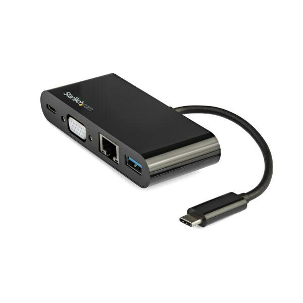 USB-C対応ノートパソコンの接続機能を拡張するUSB-C VGAマルチアダプタ。 USB-C または Thunderbolt 3ポートに接続し、VGAビデオ出力ポート、急速充電対応USB 3.0（Type-A）ポート、ギガビットイーサネット接続機能を追加します。Mac、Windows、Chrome OSに対応しており、MacBook、ノートパソコン、タブレット、Chromebook、スマートフォンその他、DisplayPort Alt モード対応のUSB-C機器で便利なアクセサリです。

【プレゼンテーション時にVGAモニタに接続】
このアダプタを使用し、USB-Cノートパソコンその他の機器を外部VGAモニタ／プロジェクタに接続することができます。60Hzで1920 x 1200pまでの解像度に対応し、会議室や教室でのプレゼンテーションに便利です。

【ポータブルワークステーションの構成】
複数のアダプタに代わるUSB-Cマルチアダプタは、コンパクトで頑丈な造りになっており、モバイル用途に最適です。ギガビットイーサネットポートとUSB 3.0ポートでどこでもワークステーションを構成することができ、スマートフォンやタブレットの急速充電にも対応します。アダプタのUSB-Cポートでは60Wの給電（USB Power Delivery 2.0）をサポートしているため、ノートパソコンのUSB-C電源アダプタで、パソコン本体とマルチアダプタの両方に給電が可能です。

【手軽なセットアップ】
アダプタには一体型のケーブル（143mm）がついています。セットアップが簡単にでき、ソフトウエアやドライバが不要なプラグアンドプレイに対応しています。

StarTech.comでは、本製品に3年間保証と無期限無料技術サポートを提供しています。