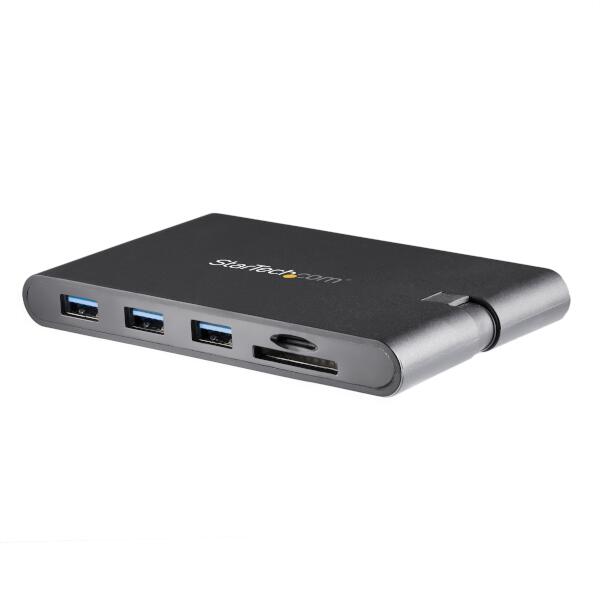 ノートパソコンをモバイルワークステーションに変えるコンパクトUSB-Cマルチアダプタ。MacBook ProまたはWindowsベースのノートパソコンをHDMI／VGAモニタに簡単に接続できます。さらに、急速充電にも対応するUSB 3.0 Type-Aポート3口、SD／microSDカードスロット、ギガビットイーサネットポートで仕事がはかどる環境を構成します。

【外付けモニタの接続】
会議室や教室で便利に使えるこのユニバーサルUSB Type-Cマルチアダプタ（Thunderbolt 3 ポート互換）では、以下の解像度でノートパソコンに外付けモニタ1台の接続が可能です。

◆4K HDMI（3840 x 2160p ＠30Hz）または VGA（1920 x 1200 ＠60Hz）

 【ノートパソコンと周辺機器の充電】
USB Power Delivery 3.0に対応（最大85W ）し、ノートパソコンの充電・給電と同時に、周辺機器にも電力を供給します。PD 3.0はファスト・ロール・スワップ（電力とデータの役割スワップ）に対応しており、電源の切り替え（バスパワーとUSB-C電源アダプタ）が発生した場合に、USBデータの途絶を防ぎます。

【USBデバイスの接続】
USB 3.0（Type-A）ポート3口にUSBデバイスの接続が可能。各ポートで急速充電とデータ同期に対応しており、タブレットやスマートフォンを充電し、いつでも使える状態に保つことができます。各ポートで7.5Wの充電パワーを提供し、3口を全部使用中の状態で合計10Wに対応します。

【SD／microSDカードアクセス】
SDおよび microSDスロットに同時アクセスが可能。カード間でデータのやりとりが簡単にできます。

【優れた携帯性】バスパワーで軽量設計、ケーブルを本体に収納できるUSB-Cアダプタは、携帯時に便利です。

StarTech.comでは、本製品に3年間保証と無期限無料技術サポートを提供しています。