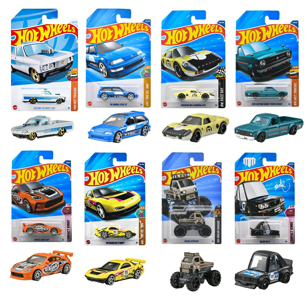 ＜セット内容＞

ホットウィール(Hot Wheels) ベーシックカー カスタム '72 シェビー LUV 乗り物おもちゃ ミニカー 3歳から ホワイト HXR22
ホットウィール(Hot Wheels) ベーシックカー 1990 ホンダ シビック EF 乗り物おもちゃ ミニカー 3歳から ブルー JFN65
ホットウィール(Hot Wheels) ベーシックカー ポルシェ 904 カレラ GTS 乗り物おもちゃ ミニカー 3歳から イエロー JFN74
ホットウィール(Hot Wheels) ベーシックカー 1975 ダットサン サニートラック(B120) 乗り物おもちゃ ミニカー 3歳から グリーン JFN51
ホットウィール(Hot Wheels) ベーシックカー トヨタ GR86 カップ 乗り物おもちゃ ミニカー 3歳から オレンジ JFN36
ホットウィール(Hot Wheels) ベーシックカー '95 マツダ RX-7 ドリフト 乗り物おもちゃ ミニカー 3歳から イエロー JFN71
ホットウィール(Hot Wheels) ベーシックカー マツダ オートザム 乗り物おもちゃ ミニカー 3歳から ブラウン JFN40
ホットウィール(Hot Wheels) ベーシックカー マツダ RX-3 乗り物おもちゃ ミニカー 3歳から ブラック JFN38


ーーーーーーーーーーーーーーーーーーーーーーー
◆◇ホットウィール(Hot Wheels) ベーシックカー カスタム '72 シェビー LUV 乗り物おもちゃ ミニカー 3歳から ホワイト HXR22◇◆

【内容】LUVと書いてラブと読む車名を持つ、この小型のピックアップトラックはシェビーことシボレー車として1972年から1982年まで販売された。実際は当時GMと提携関係にあった日本のいすゞがファスターとして売っていたクルマのバッジエンジニアリング仕様で、どことなく日本車風に見えるのがそのためだ。
当時、GMはこうした小型ピックアップを製造するノウハウが無かったが、1982年に同社初の小型ピックアップ、S10シリーズの製造に漕ぎつけ、入れ替わりでLUVの販売は終了している。
ホットウィールではLUVにアメリカ車用の強力なV8エンジンを搭載して、後輪に太いタイヤを履いた“プロストリート”スタイルにカスタムした車両をモチーフに選んでいる。バンパーを取り除いたレーシーなフロントマスクも魅力。
【原産国】マレーシア　【対象年齢】3歳〜
【注意】ブリスターカードの裏面は日本語パッケージとなります。


◆◇ホットウィール(Hot Wheels) 　ベーシックカー 1990 ホンダ シビック EF 乗り物おもちゃ ミニカー 3歳から ブルー JFN65◇◆

【内容】アメリカで施行された非常に厳格な排ガス規制（環境保護）のための法律、マスキー法。同法をクリアするためには高い技術や高額な開発コストが想定され、ビッグ3など米国の自動車メーカーが右往左往することになる。ホンダは1972年にCVCC（複合渦流調速燃焼方式）と命名された技術を採り込んだ低公害エンジンを搭載した初代シビックをリリースして同法をクリアし、安かろう悪かろうであった当時のアメリカにおける日本車の概念を覆したことで知られる。
以降、シビックはアメリカにおけるホンダ車の代名詞的存在として老若男女に愛され続けて今に至る。ホットウィールがモチーフとしたのは日本ではEF型、“グランドシビック”の愛称で知られる1987年登場の4代目。ワイド＆ローを強調したプロポーションと、軽快でパワフルなエンジンで大好評を博した。シビックはさらにエンジンを強力に改良したり、車高を下げたり、外観をカスタマイズするアメリカの“チューナー”ファンにも人気で、ホットウィールのEF型はそうしたトレンドを汲んだスタイルに仕上げられている。
【原産国】マレーシア　【対象年齢】3才〜
【注意】ブリスターカードの裏面は日本語パッケージとなります。


◆◇ホットウィール(Hot Wheels)　ベーシックカー ポルシェ 904 カレラ GTS 乗り物おもちゃ ミニカー 3歳から イエロー JFN74◇◆

【内容】1964年から実戦に投入されたレーシングカー、ポルシェ 904 カレラGTS。FIA（国際自動車連盟）の定める競技用車両規定のGT2クラスに則って設計されており、100台強を生産してホモロゲーションを獲得。
車体中央にポルシェ356用の2リッター空冷水平対向4気筒DOHCエンジンをチューンングして搭載し、抜群のハンドリング、高い耐久性、260km/h以上の最高速度などを誇り、トータルバランスに優れた1台だった。
実車は全高が1,065mmと非常に低いが、そのフォルムを巧みに再現。今回のリリースではポルシェ・エンスージャスト向けのメディア、『タイプ7』のロゴが入れられていることから、特定の過去のレースカーではなく、現代を生きる、ストリート走行も行うプライベートカーをイメージしているようだ。
【原産国】マレーシア　【対象年齢】3才〜


◆◇ホットウィール(Hot Wheels)　ベーシックカー 1975 ダットサン サニートラック(B120) 乗り物おもちゃ ミニカー 3歳から グリーン JFN51◇◆

【内容】1967年に日産の大衆車、サニーの初代モデルに設定されたサニートラック、通称サニトラ。車体後半部をトラックに作り替え、500kgの積載能力を持つ。ホットウィールは1971年に登場した2代目のサニートラックを題材に選んでいる。
サニトラは本来商用車だが、運転しても楽しく、中古車となってからはエンジンをチューニングしたり車体をカスタムする“趣味車”としても親しまれた。ホットウィールのサニトラはオーバーフェンダーを装着して、車高を低く落としてワイドホイールを履いたカスタム仕様。同アイテムはこれまではカーカルチャー・シリーズやブールバード・シリーズ他、プレミアムラインでのリリースだったが、今回はプラスチックシャシー＆タイヤに仕様変更して、ベーシックカーとしては初登場となる。サニーのスポーティグレードであるGXシリーズ風のストライプも注目だ。
【原産国】マレーシア　【対象年齢】3才〜


◆◇ホットウィール(Hot Wheels)　ベーシックカー トヨタ GR86 カップ 乗り物おもちゃ ミニカー 3歳から オレンジ JFN36◇◆

【内容】往年の名車、トヨタ カローラ レビン/スプリンター トレノの型式AE86を車名として、2012年に登場したトヨタ86。車名だけではなく、コンパクトな4気筒エンジン搭載の後輪駆動という基本構成も受け継いだことで話題を呼んだ。
2021年にはその後継車が登場したが、トヨタの高性能車ブランドの専売車種となったことからGR86と車名を改めている。ホットウィールがモチーフに選んだのは北米のワンメイクレース、GR CUPと呼ばれるレースに出場する車両。先に女性ドライバー、トニー・ブレイディンガー選手のマシーンのカラーリングでリリースされたが、今回はオリジナルデザインで「HWRT（ホットウィール レーシングチーム）のロゴがポイントとなっている。
【原産国】マレーシア　【対象年齢】3才〜

◆◇ホットウィール(Hot Wheels)　ベーシックカー '95 マツダ RX-7 ドリフト 乗り物おもちゃ ミニカー 3歳から イエロー JFN71◇◆

【内容】1978年にマツダの独自技術として知られるロータリーエンジンを搭載したスポーツカー、サバンナRX-7が登場し、1991年末にホットウィールがモチーフにした3代目のRX-7が発表された。
車名は2代目までの「サバンナRX-7」から「RX-7」に変更されている。エクステリアは先代の直線基調から曲線・曲面を多用した有機的なフォルムに改められ、足回りの形式変更、エンジンのパワーアップなどによって性能に磨きをかけて2003年まで生産された。
型式のFD3Sから「エフディ」と呼ばれることが多い。FD3Sは現時点では最後のRX-7であり、最後のターボ付きロータリーエンジン車であるため、現在も高い人気を誇る。
今回のリリースはドリフト仕様をイメージし、ぶつけやすいフロントスポイラーの代わりにガードパイプが取り付けられているのが特徴的だ。
【原産国】マレーシア 【対象年齢】3歳〜


◆◇ホットウィール(Hot Wheels)　ベーシックカー マツダ オートザム 乗り物おもちゃ ミニカー 3歳から ブラウン JFN40◇◆

【内容】日本固有の自動車分類である軽自動車。排気量660cc以下、全長3.4m以下、全幅1.48m以下の小型車を指す。軽自動車には種々の形体が存在するが2人用の乗務スペースと独立した荷台を持つものを軽トラ（軽自動車/トラック）と呼ぶ。日本では軽トラ、イコール、荷物を運ぶための商用車だが、昨今はキャンピングカーやカスタムカーのベースとしても注目されている。
また、生産から25年以上経過した外国車ならば面倒な手続きなしにナンバーを取得できるルールのあるアメリカでも軽トラの人気が高まりつつあり、そこそこ俊敏に走ることが出来、大人2人が乗れるミニマムトランスポーターとして、日本からわざわざ個人輸入して楽しむ層が存在する。
このホットウィールは、日本の軽トラ、オートザム（かつて存在したマツダの販売チャンネル）スクラムをベースに、車高を上げて大きなタイヤを履かせた実在カスタムカー、“テキサス・フット”が2022年のホットウィール・レジェンドツアーで優勝したことを記念してモデル化したもの。
【原産国】マレーシア　【対象年齢】3才〜


◆◇ホットウィール(Hot Wheels) 　ベーシックカー マツダ RX-3 乗り物おもちゃ ミニカー 3歳から ブラック JFN38◇◆

【内容】RX-3は初代サバンナの輸出仕様に与えられた車名で、日本のツーリングカーレースにおいて1960年代後半から1970年代初頭まで圧倒的な強さを誇ったハコスカGT-Rを駆逐したことで知られる。
ホットウィールではそんなレース仕様のRX-3をモチーフにしながら、1980年代に流行した日本のデフォルメ・プラモデルにヒントを得た背高ノッポ仕様にアレンジしている。
【原産国】マレーシア 【対象年齢】3歳〜
【注意】ブリスターカードの裏面は日本語パッケージとなります。

ーーーーーーーーーーーーーーーーーーーーーーー

【Brandについて】カリフォルニア生まれ 1秒間に16台売れているミニカー。
【ホットウィール】Hot Wheels＝「かっこいい車！」独特な南カルフォルニア風の外観、高速に動くホイール、（当時の最新技術！）そして 赤いラインの入ったタイヤ。現在、世界で一番売れているミニカーです*。*Circana/Retail Tracking Service/G12/JAN-DEC 2023/Total Toys/Projected Units
【プレゼントに最適】お誕生日、クリスマスプレゼント、入園・入学祝いなど記念日でのプレゼントにぴったりです。