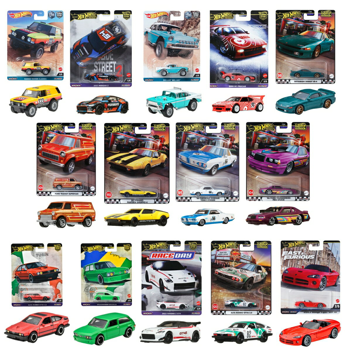 ＜セット内容＞

ホットウィール（Hot Wheels） カーカルチャー オフ・ロード - レンジ ローバー クラシック 【3才~】 HKC71
ホットウィール（Hot Wheels） カーカルチャー スライド ストリート 2023 日産Z 乗り物おもちゃ ミニカー 3歳から ブラック HKC86
ホットウィール（Hot Wheels） カーカルチャー オフ・ロード - ビッグ・エア ベルエアー 【3才~】 HKC74
ホットウィール（Hot Wheels） カーカルチャー エキゾチック・エンヴィー BMW M1 プロカー【ミニカー】 【3才~】 HKC79
ホットウィール（Hot Wheels） ブールバード 三菱 3000GT VR-4 乗り物おもちゃ ミニカー 3歳から グリーン HRT68
ホットウィール（Hot Wheels） ブールバード フォード トランジット スーパーバン 乗り物おもちゃ ミニカー 3歳から オレンジ HRT76
ホットウィール（Hot Wheels） ブールバード デ・トマソ パンテーラ グルッポ4 乗り物おもちゃ ミニカー 3歳から イエロー HRT75
ホットウィール（Hot Wheels） ブールバード ’66 シボレー コルヴェア イエンコ スティンガー【ミニカー】 【3才~】 HRT69
ホットウィール（Hot Wheels） ブールバード '86 フォード サンダーバードプロストック 乗り物おもちゃ ミニカー 3歳から パープル HRT72
ホットウィール（Hot Wheels） カーカルチャー ワールドツアー アルファロメオ GTV6 3.0 乗り物おもちゃ ミニカー 3歳から レッド HRV80
ホットウィール（Hot Wheels） カーカルチャー ワールドツアー フォルクスワーゲン ブラジリア 乗り物おもちゃ ミニカー 3歳から グリーン HRV82
ホットウィール（Hot Wheels） カーカルチャー レースデイ 2023 日産 Z GT4 乗り物おもちゃ ミニカー 3歳から ホワイト HRV73
ホットウィール（Hot Wheels） ブールバード アルファロメオ GTV6 3.0 乗り物おもちゃ ミニカー 3歳から グリーン JBL16
ホットウィール（Hot Wheels） ワイルド・スピード '03 ダッジバイパー SRT10 乗り物おもちゃ ミニカー 3歳から レッド JBL85


ーーーーーーーーーーーーーーーーーーーーーーー
◆◇ホットウィール（Hot Wheels） カーカルチャー オフ・ロード - レンジ ローバー クラシック 【3才~】 HKC71◇◆

【内容】砂漠のロールスロイスなどとも称される、英国のランドローバー社のフラッグシップモデルのレンジローバー。堅牢な梯子型フレームに快適性を重んじたステーションワゴンボディを架装した、今日で言うSUVの原点でもある。
本格的な4輪駆動システムを備えており、過酷なクロカンイベントであるキャメルトロフィー、世界一過酷なパリ・ダカール・ラリーなどでその信頼性を実証。ホットウィールではサイドウィンドウもカバー覆うなど、ラリー用競技車両をイメージしたカスタムが施された仕様を表現している。
【原産国】タイ　【対象年齢】3才〜


◆◇ホットウィール(Hot Wheels) 　カーカルチャー スライド ストリート 2023 日産Z 乗り物おもちゃ ミニカー 3歳から ブラック HKC86◇◆

【内容】1969年にオープン2シーターのダットサン フェアレディの後継機種としてデビューした日産 フェアレディZ。主にアメリカ市場をターゲットに開発され、現在は6代目が販売されている。
6代目は2008年に登場しているが、2020年には外観の刷新、エンジンのダウンサイジング他、車体の8割方を刷新したビッグマイナーチェンジ版が登場。それを機に、マイナーチェンジ前のタイプをZ34、後のタイプをRZ34と呼ぶのが一般的となっている。
ホットウィールがモチーフにしたのはRZ34で、1969年に発売された初代を彷彿とさせる外観が特徴となっている。
【原産国】タイ 【対象年齢】3歳〜


◆◇ホットウィール（Hot Wheels） カーカルチャー オフ・ロード - ビッグ・エア ベルエアー 【3才~】 HKC74◇◆

【内容】歴代シボレー車の中でも、V8エンジンを初めて搭載して動力性能が高く、車体のサイズやデザインの良さで別格とされるのが1955〜1957年の3ヵ年に生産されたモデル。この3ヵ年のシボレー車にはトライ・ファイブという愛称が付けられたほど。
ホットウィールではその真ん中の年式となる1956年型の最上級グレード、ベルエアをベースに、バハ1000レースなど砂漠を走るためのリフトアップや軽量化が施された仕様を表現。走行中に砂が付着して視界が悪くなることを嫌って、窓が無いのもポイント。
【原産国】タイ　【対象年齢】3才〜


◆◇ホットウィール(Hot Wheels) カーカルチャー エキゾチック・エンヴィー BMW M1 プロカー【ミニカー】 【3才~】 HKC79◇◆

【内容】BMWがレースでの使用を前提に開発をスタートしたM1。車体中央にエンジンを積んだ2座席のスーパーカーだが、生産台数は伸びず、M1が参戦を予定していたカテゴリーへの参加資格を得るのに時間がかかり、さらに同カテゴリーも衰退していたため、行き場所を失ってしまう。
そんなレース用に作られたM1を有効活用すべく始められたのが、F1の前座レースとして開催されたM1 Procarカップで、イコールコンディションのマシーンで有名ドライバーたちが本気のバトルを見せたことから大人気を博した。ホットウィールがモチーフにしたのがそのレース車両で太いタイヤを収めるためのオーバーフェンダーや、巨大なリアウィング、フロントスポイラーが特徴となっている。
【原産国】タイ 【対象年齢】3歳〜


◆◇ホットウィール(Hot Wheels)　ブールバード 三菱 3000GT VR-4 乗り物おもちゃ ミニカー 3歳から グリーン HRT68◇◆

【内容】バブル期の潤沢な開発資金の恩恵を受けて、1990年前後は後に『日本車のヴィンテージ期』とも称されることになる、数々の名車が登場している。
三菱3000GTもそんなタイミングで登場したスポーツカーで、あらゆる路面状況によって圧倒的なパフォーマンスを発生することを目指し、3リッターのV6ツインターボエンジン、フルタイム4WDシステム、4輪操舵機構、可変エアロシステム、スイッチひとつで排気音を変えられるアクティブエグゾーストシステム他、三菱気鋭の新技術が盛り込まれていた。
日本では三菱GTOという車名で1990年から2001年まで発売された。当時の日本車としては非常に幅広い全幅も街中では大いに目を惹いた。今回のリリースでは3000GTのメインマーケットであるアメリカで人気の高いティール・グリーンのボディ色が魅力的だ。
【原産国】タイ　【対象年齢】3歳〜


◆◇ホットウィール(Hot Wheels) ブールバード フォード トランジット スーパーバン 乗り物おもちゃ ミニカー 3歳から オレンジ HRT76◇◆

【内容】フォード トランジットはアメリカのフォードのヨーロッパ現地法人が企画開発を行った商用バンで、1953年に発売され、現在は2014年にデビューした8代目が生産されている。
ホットウィールがモチーフに選んだのは、1965〜1978年まで生産された2代目トランジットをベースに、英国フォードが同車のプロモーション用に製作したいわば“ホットロッド仕様”である。
同車は1971年に英国のブランズハッチ（サーキット）で行われたイースター・ミーティングでデモンストレーション走行を行い大いに話題を振りまいた。見た目はオーバーフェンダーと太いタイヤで武装されていたが、背の高いバンフォルムはトランジットそのもの。
しかし、驚くべきはその中身で、ル・マン24時間レースを制したことでも知られるレーシングカー、フォードGT40用のエンジン、シャシーを使用しており、最高速度は270km/h！にも達したと言われる。
今回は実在車両ではなく、1970年代のアメリカで流行した様式のカスタムペイントで仕上げられている。
【原産国】タイ　【対象年齢】3歳〜


◆◇ホットウィール(Hot Wheels) ブールバード デ・トマソ パンテーラ グルッポ4 乗り物おもちゃ ミニカー 3歳から イエロー HRT75◇◆

【内容】デ・トマソ パンテーラは1971年に登場したスーパーカー。イタリアのデ・トマソ社とアメリカのフォード社とのコラボレーションによって生み出されたもので、車体はイタリアのカロッツェリア ギア社が開発やデザインを担当した低い車高の楔形フォルムが特徴で、車体中央にはフォードの中型車/大型車用の強力な5.8リッターV8エンジンが搭載された。
メイン市場はアメリカで、米伊混血のエキゾチックカーとしてフォードの上級車ディビジョンである、リンカーン/マーキュリー系のディーラーで販売され好評を博した。1970年代は年間2000台以上を販売した時期もあり最盛期となったが、その後も細々とではあるが種々改良を重ねながら1992年まで生産が続く長寿モデルとなった。
ホットウィールがモチーフに選んだのはFIA（国際自動車連盟）が定めたレース車規約のグループ4（特殊グランドツーリングカー）カテゴリーに合致する大改造が施された競技用モデル。エンジンは標準車比で200馬力近くパワーアップされて500馬力以上を発生。大パワーを路面に伝えるために太いタイヤを履き、それを覆うオーバーフェンダーが一番の特徴となっている。
【原産国】タイ　【対象年齢】3歳〜


◆◇ホットウィール(Hot Wheels) ブールバード ’66 シボレー コルヴェア イエンコ スティンガー【ミニカー】 【3才~】 HRT69◇◆

【内容】1960年代初頭、アメリカのビッグスリーはこぞって小型車（サブコンパクトカー）を発表。
その先陣を切ったのがGMのシボレーブランドから発売されたコルヴェアだった。空冷水平対向6気筒を車体後部に積むなど、アメリカ車としては異色かつ前衛的なモデルとなっている。イエンコ・スティンガーはレース活動にも熱心だったシボレー車のディーラー、『イエンコ』がプロデュースしたチューンド・コルベアで、エンジンの出力アップや足回りのヘビーデューティ化が図られている。
生産台数110数台あまりのレア車だ。
【原産国】タイ 【対象年齢】3歳〜


◆◇ホットウィール(Hot Wheels) ブールバード '86 フォード サンダーバードプロストック 乗り物おもちゃ ミニカー 3歳から パープル HRT72◇◆

【内容】フォードの2人乗りスペシャリティカーとして1955年に登場したサンダーバード。2代目の1958年型から4人乗りとなり、4、5代目の1967〜1971年型までは4ドアモデルも存在した。
ホットウィールがモチーフとしたのは旧来の角ばったスタイルから一転、丸みを帯びたエアロフォルムをまとって登場した9代目。ノーマル仕様ではなく、0-1/4マイル（約400m）区間のタイムを競う競技で、過給機（ターボやスーパーチャージャー）に頼らない自然吸気エンジンで争われるプロストック・クラスに準じた改造が施されている。
1985〜1987年では同車を駆るボブ・グリッドゥン選手が全米ウィナーに輝いている。エンジンへの空気供給量を増大するためのエアスクープが特徴。カラーリングは、1980年代に流行したプロストック風の改造を施した市販車、プロストリート・スタイル風に仕上げている。
【原産国】タイ　【対象年齢】3才〜


◆◇ホットウィール(Hot Wheels) 　カーカルチャー ワールドツアー アルファロメオ GTV6 3.0 乗り物おもちゃ ミニカー 3歳から レッド HRV80◇◆

【内容】ホットウィールがモチーフとしたのは、「小さなアルファロメオ」というニュアンスであるアルフェッタと名付けられた、同社の中型車のクーペモデルのGTである。
アルフェッタは本来車体の前方寄りにエンジンと一体化してマウントされる重い変速機を、後輪のデフ（差動装置）と結合して搭載し、車両の前後重量愛分を均一に近くするといった工夫が凝らされていたことでも知られる。
アルフェッタGTは年々高性能化が図られ、排気量拡大版、ターボモデル、さらにはそれまでの直列4気筒車に加えて、V型6気筒車も追加されている。今回、ホットウィールが再現したのは、その中でも南アフリカでのみ200台強が販売された178馬力を発生する3.0リッターV6搭載車の超レアモデルだ。 
【原産国】タイ 【対象年齢】3歳〜


◆◇ホットウィール(Hot Wheels) 　カーカルチャー ワールドツアー フォルクスワーゲン ブラジリア 乗り物おもちゃ ミニカー 3歳から グリーン HRV82◇◆

【内容】フォルクスワーゲン ブラジリアは日本では馴染みがなく、古いフォルクスワーゲン車好きでも知らない人が多いマニアックなモデル。同車はフォルクスワーゲンのブラジル現地法人が企画・開発したモデルで、1973年から1982年まで生産された。
シャシーなど基本的なコンポーネンツはフォルクスワーゲンの2ドアクーペ、カルマンギアのものを流用しつつ、ボディはブラジル法人のオリジナル・デザインのステーションワゴン型で、2ドアと4ドアの2種をラインナップ。エンジンは比較的パワフルな1.6リッターの空冷水平対向4気筒を搭載した。
ホットウィールでは2ドア版をモチーフに、フロントバンパーに替えて大型のフロントスポイラーを備えてカスタムされた状態を再現している。
 【原産国】タイ 【対象年齢】3歳〜


◆◇ホットウィール(Hot Wheels) 　カーカルチャー レースデイ 2023 日産 Z GT4 乗り物おもちゃ ミニカー 3歳から ホワイト HRV73◇◆

【内容】2020年に発表され、2022年に発売を介した現行フェアレディZ。型式はRZ34型と呼ばれ、2008年に登場した6代目フェアレディZのZ34型のビッグマイナーチェンジ版であるが、車体の8割方の部品が刷新されていることからも、7代目とカウントする場合もある。外装は初代を強くオマージュしたものに改められた他、時代に即してエンジンは3.7リッターから3.0リッターへと排気量ダウンしているが、出力は70馬力ほど高められている。
その高い運動性能からモータースポーツにも使用されており、スーパーGTのGT500クラスやGT300クラスでも活躍を見せている。ホットウィールでは、市販車色の強いFIAのGT4カテゴリー用に日産が開発したホモロゲーション車両をモチーフに選んでおり、同車は今回のレースデイでデビューする新金型アイテムだ。
カナードやリアウィング、そして大きな冷却ダクトの付いたエンジンフードが特徴となる。実車は即レース参戦可能な状態で約3,400万円で販売されている。
【原産国】タイ 【対象年齢】3歳〜


◆◇ホットウィール(Hot Wheels)　ブールバード アルファロメオ GTV6 3.0 乗り物おもちゃ ミニカー 3歳から グリーン JBL16◇◆

【内容】ホットウィールがモチーフとしたのは、「小さなアルファロメオ」というニュアンスであるアルフェッタと名付けられた、同社中型車のクーペモデルのGTである。
アルフェッタは本来車体の前方寄りにエンジンと一体化してマウントされる重い変速機を、後輪のデフ（差動装置）と結合して搭載し、車両の前後重量配分を均一に近くするといった工夫が凝らされていたことでも知られる。
今回ホットウィールが再現したのは、その中でも南アフリカでのみ200台強が南アフリカで販売された178馬力を発生する3.0リッターV6搭載車の超レアモデルだ。
白いボディに描かれた四葉のクローバーは「Quadrifoglio（クワドリフォリオ）」と呼ばれ、元々はこのマークをレースカーに描くと優勝できるというゲン担ぎに由来し、現在は高性能なアルファロメオのアイコンとなっている。
【原産国】タイ【対象年齢】3歳〜


◆◇ホットウィール(Hot Wheels)　ワイルド・スピード '03 ダッジバイパー SRT10 乗り物おもちゃ ミニカー 3歳から レッド JBL85◇◆

【内容】『ワイルド・スピード』シリーズの第3作、『ワイルド・スピードX3 TOKYO DRIFT』の序盤で主人公ショーンのシボレー モンテカルロと激しいバトルを繰り広げるクルマがモチーフとなったのがこちらのホットウィール。
ダッジバイパーはコルベットのライバルとして1991年に市販が開始された2人乗りのスーパーカーで、エンジンは8リッターのV10が搭載されていた。2002年にはキープコンセプトの2代目が登場。
さらに2012年に3代目が発表され2017年まで生産された。全世代に亘ってV10エンジンと2人乗りというコンセプトはキープされていた。劇中では最終的に土管にクラッシュするなど、見るも無残な姿に変わり果ててしまうのはバイバー好きには少々胸が痛むところでもある。
【原産国】タイ 【対象年齢】3歳〜


ーーーーーーーーーーーーーーーーーーーーーーー

【Brandについて】カリフォルニア生まれ 1秒間に16台売れているミニカー。
【ホットウィール】Hot Wheels＝「かっこいい車！」独特な南カルフォルニア風の外観、高速に動くホイール、（当時の最新技術！）そして 赤いラインの入ったタイヤ。現在、世界で一番売れているミニカーです*。*Circana/Retail Tracking Service/G12/JAN-DEC 2023/Total Toys/Projected Units
【プレゼントに最適】お誕生日、クリスマスプレゼント、入園・入学祝いなど記念日でのプレゼントにぴったりです。