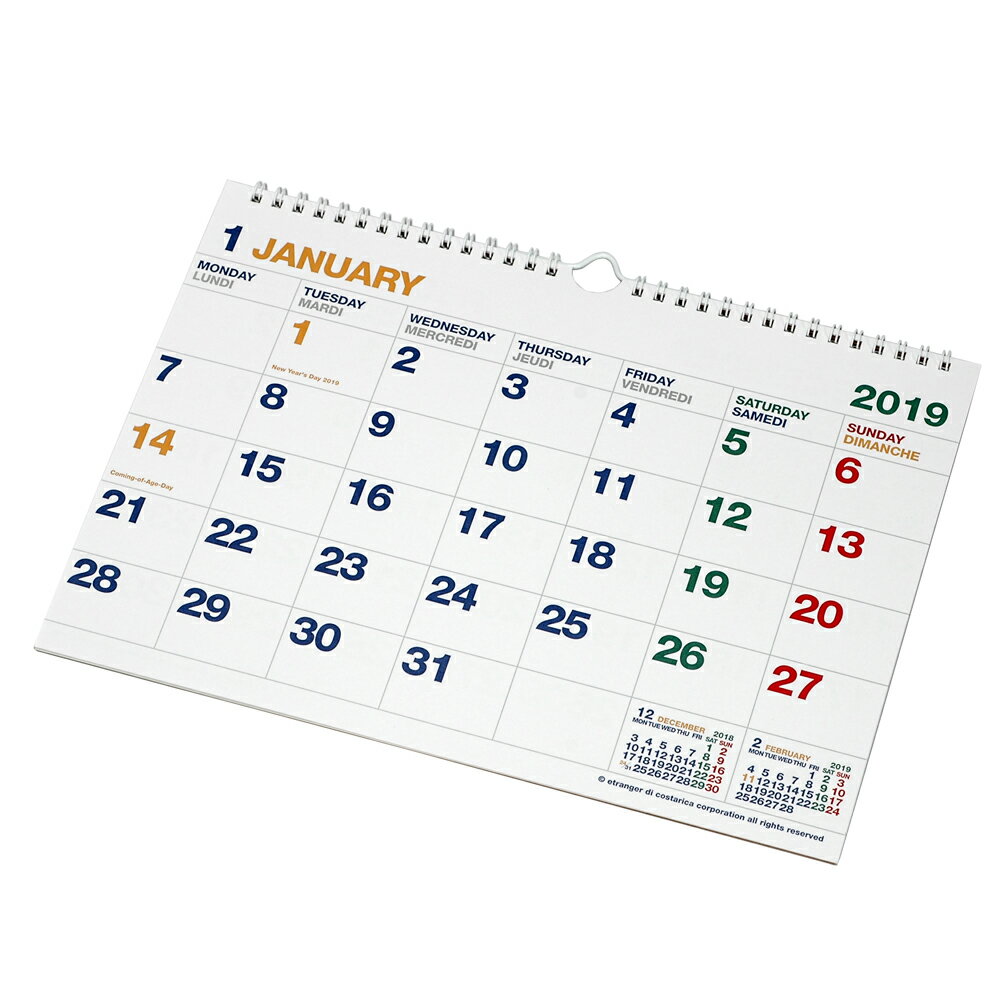 2019年 カレンダー 壁掛け A4 ホワイト