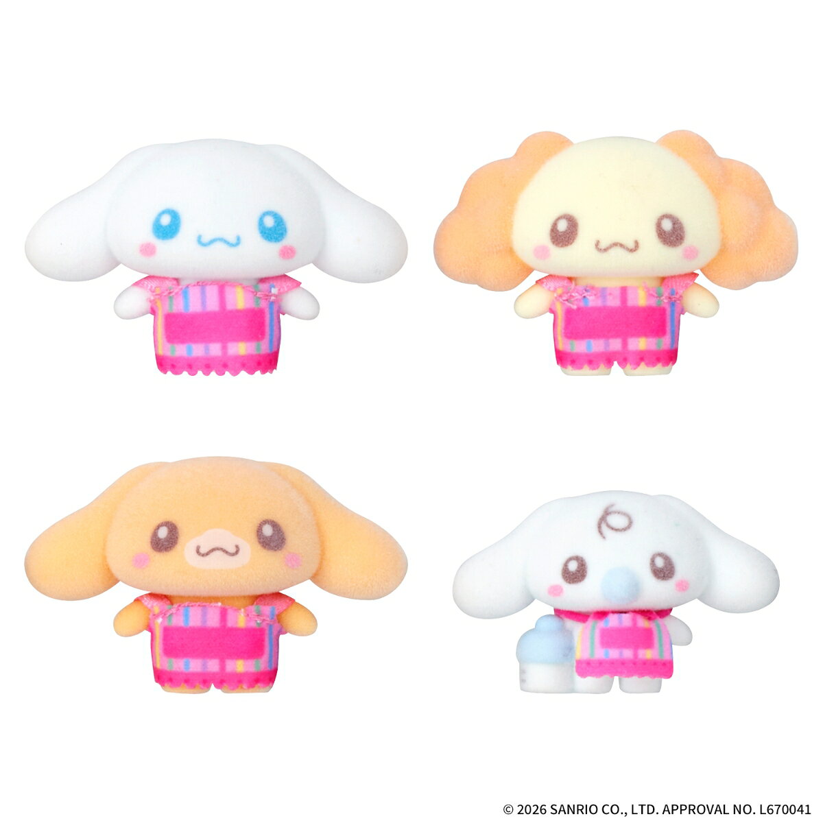 サンリオキャラクターズのフロッキードール"ぷちとも"シリーズから「シナモロール＆フレンズセット」が登場！おそろいのカフェモチーフの衣装を着たドール4体セットです。［セット内容］・ドール…4（本商品のセット内容以外は付属しません。）【対象年齢】：3才〜