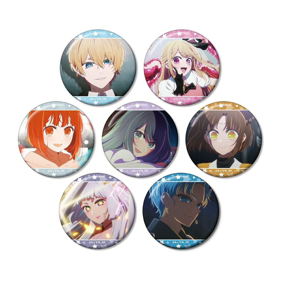 TVアニメ『【推しの子】』より、トレーディンググリッター缶バッジの登場です。
アクア、ルビー、有馬かな、黒川あかね、有馬かな（ツルギ役）、黒川あかね（鞘姫役）、アクア（刀鬼役）の印象的なシーンをグリッター加工を施した缶バッジに仕上げました。
カバンや小物につけたり、お部屋に並べて飾ったり、キャラクターとの日常をお楽しみください。

素材：紙、ブリキ
サイズ：（約）直径56mm
※ 単品販売は全7種のうち、いずれか1種ランダムとなります。

※ BOX販売は7パック入りとなります。