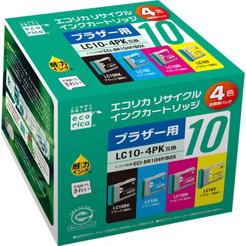 LC104PK互換リサイクルインクカートリッジ ブラック/顔料 シアン/染料 マゼンタ/染料 イエロー/染料
安心のサポート体制。日曜・祝日もサポート受付。「インク残量表示」に対応しています。
純正品の使用済みカートリッジを再利用しているからエコで低コスト。
リサイクル・互換インクカートリッジでシェアNo1（エコリカ調べ）。
純正品と組み合わせ使用など評価試験も行っています。
普通紙でもきれいに印刷。
エコリカはWWFの基本理念に共感し、製品販売1個に付き1円の寄付を行うことで地球環境保護の実現に向けて支援を続けています。
エコマーク認定商品。グリーン購入法適合商品。
適合機種（インク残量表示）：DCP-155C DCP-330C DCP-350C DCP-750CN DCP-750CNU DCP-770CN MFC-460CN MFC-480CN MFC-5860CN MFC-630CD MFC-630CDW MFC-650CD MFC-650CDW MFC-850CDN MFC-850CDWN MFC-860CDN MFC-870CDN MFC-870CDWN MFC-880CDN MFC-880CDWN