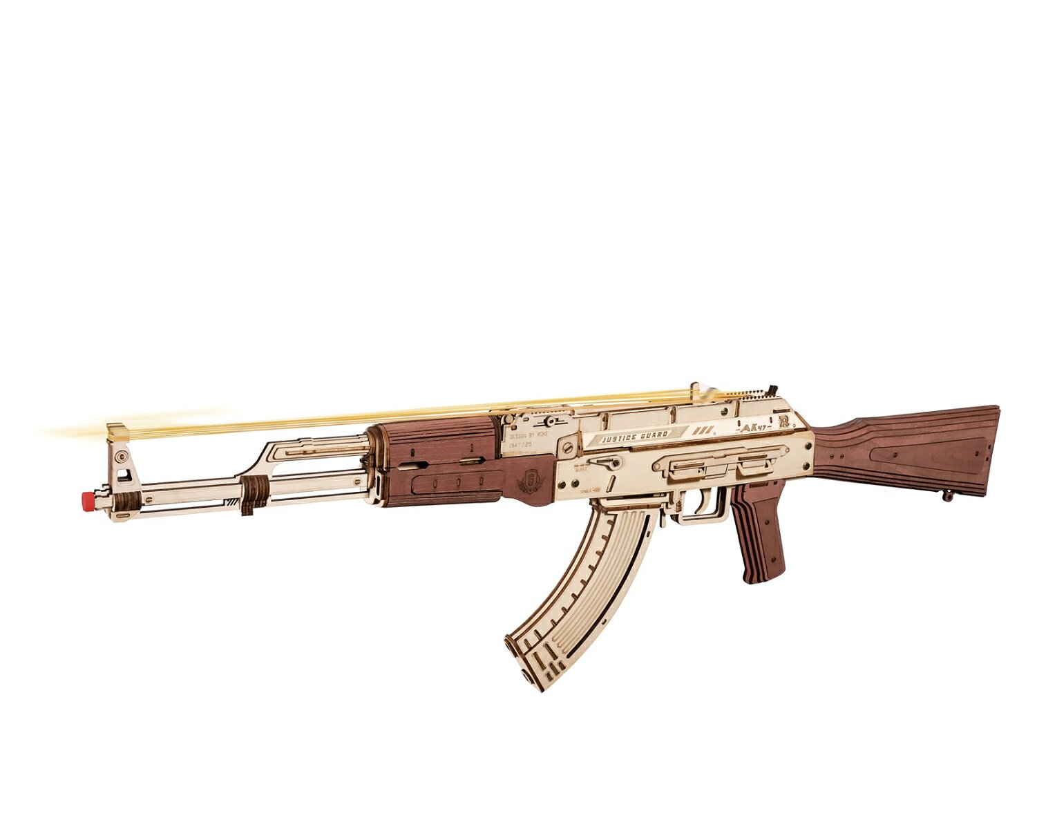 大人も子供も楽しめるホビーキット・輪ゴム銃を作ろう！

ワクワク楽しい3Dウッドパズルで組み立てる、リアルな大きさのライフル。
付属の木製のかわいい兵隊の標的を狙い、輪ゴムを撃って遊べます。
最大で10発連射ができ、連射モードと単射モードの切り替えも可能！
安全装置もついていて、ON・OFFの切り替えができるようになっています。

このキットは、カット済みウッドシートとサンドペーパーが入ったオールインワン組み立てキット。
特殊な道具も不要なのでプレゼントにもオススメです！

制作目安時間：6時間
ウッドパズルのピース数：315

・ホビー系商品についての諸注意
メーカー都合により発売の大幅な延期が発生する可能性がございます。
予約商品についてはメーカーから順次入荷次第の発送となります。メーカー公表の発売日とは異なる場合がございますのでご了承ください。【対象年齢】：14歳以上【商品サイズ (cm)】(幅×高さ×奥行）：72×22×5.5