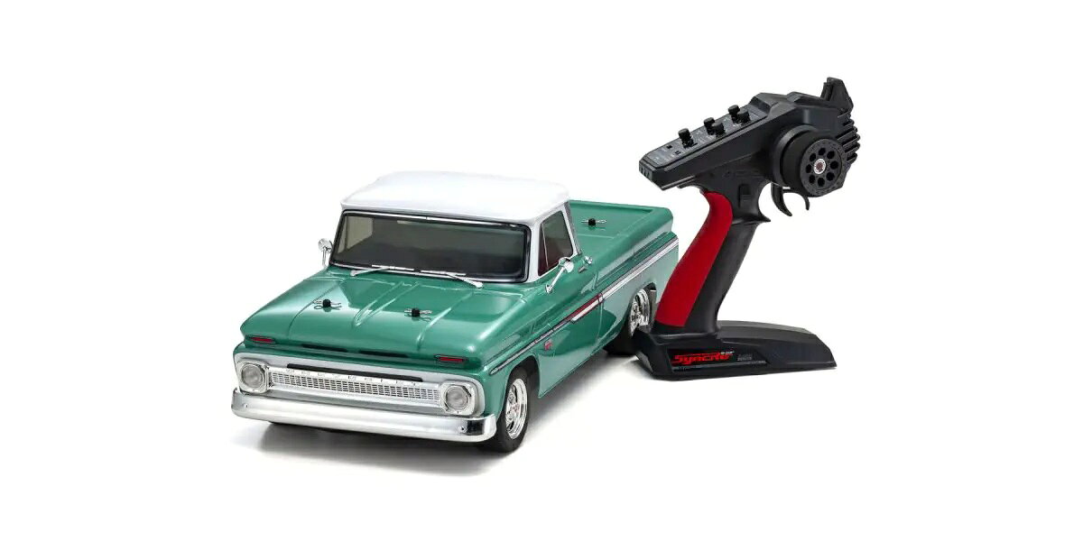 誰もが憧れるアメリカンマッスルカーをウルトラスケールボディで再現！
1966 シボレー C10 フリートサイド ピックアップでパワフルな走りを楽しもう

実車のフォルムを実感豊かに再現したボディとの組み合わせで、速い・遅いにとらわれることなく、純粋にR/Cカーの走りを楽しむことを提案するフェーザーMk2シリーズ。
パーツ点数を少なくすることでメンテナンス性を高めた軽量シャシーはシンプルなデザインながら、前後のステフナーや各部に設けた補強リブ、そして使用する材質の変更など細部にわたるブラッシュアップで高い強度と走行に適した剛性を確保。
加えて、極力シンメトリーとなるようなシャシーデザインとしたことで、前後バランスに優れるサスペンションや車格に見合ったパワーソースとの相乗効果によるクセのない素直な操縦性も獲得しています。
そのうえで前後ギヤデフ、オイルダンパー、フルボールベアリングを採用。
高い耐久性と耐衝撃性を確保して、ドライバーをしっかりとサポートします。
また、標準装備の0mmオフセットのブレーキディスク型ホイールハブ以外に（+5mm）オフセットのホイールハブを同梱して190mm幅と200mm幅の両ボディに対応するとともに、オプションパーツ（別売）としてホイールベースが260mmのショートメインシャシーとショートセンターシャフトを用意。
これらのパーツを組み替えることによって、付属ボディ以外の1/10スケールボディが搭載可能となります。
しかも、すべてが揃った工場完成のレディセットですので走行用バッテリー、走行用バッテリー用充電器、送信機用電池を別途購入すれば、すぐに走行が楽しめます。

●クルマとしての造形はもちろん、細部まで徹底的に作り込んだ“走るディスプレイモデル”とも呼ぶべき『ULTRA SCALE BODY』。
●軽快な操縦性をもたらすシャフト駆動のフルタイム4WDツーリングシャシー（FZ02L）。
●送信機用単3乾電池4本、走行用バッテリー、走行用バッテリー用充電器を購入すれば走行可能な工場完成済レディセット。
●フロントとリヤに2ベベル仕様のグリス封入式ギヤデフを標準装備。
●耐久性と信頼性の向上に貢献するビッグサイズのドッグボーン＆カップジョイント。
●バッテリーはベルト固定式とすることで、あらゆる種類のバッテリー搭載に対応。
●駆動部分すべてに駆動ロスを低減するベアリングを装備したフルボールベアリング仕様。
●ステアリングサーボは防水仕様のKS202Wを標準装備。
●カラーリング・デカール貼り済み工場完成ボディ。
●ホコリの多いパーキングロットでも信頼性が高い密閉タイプのデフ＆ミッション。
●各種オプションパーツを装着することで走りのパフォーマンスアップが可能。

テクニカルデータ
■全長 453mm
■全幅 205mm（ボディ幅※ミラー除く）
■全高 165mm
■ホイールベース 274mm
■トレッド（F／R） 167mm
■タイヤ（F／R） φ64×27.7mm
■ギヤレシオ 6.54：1
■全備重量 約1650g
■使用プロポ シンクロKT-231P+
■モーター G14L

キット内容
＜キット内容＞
●R/Cユニット組込み済み工場完成シャシー
●塗装・デカール・組み立て済みボディ
●シンクロKT-231P+送信機
●六角レンチ
●スパナ
●セッティング変更パーツ

走行までに必要なもの
●送信機用単3乾電池4本
●走行用バッテリー
　 推奨：KYOSHO SPEED HOUSE 7.2V 22HV Ni-MHバッテリー 71322B
　　　　 KYOSHO SPEED HOUSE 7.2V 36HV Ni-MHバッテリー 71324B
　　　　 Gens ace LiPo 4000 ストレートパック（60C/7.4V）GAB4202
●走行バッテリー用充電器
　 推奨：KYOSHO SPEED HOUSE C-02B ACピークチャージャー72002B ※Ni-MH専用充電器
　　　　 7.2V NiMH用 USBチャージャー 72204 ※Ni-MH専用充電器
●各種工具

・ホビー系商品についての諸注意
メーカー都合により発売の大幅な延期が発生する可能性がございます。
予約商品についてはメーカーから順次入荷次第の発送となります。メーカー公表の発売日とは異なる場合がございますのでご了承ください。【対象年齢】：