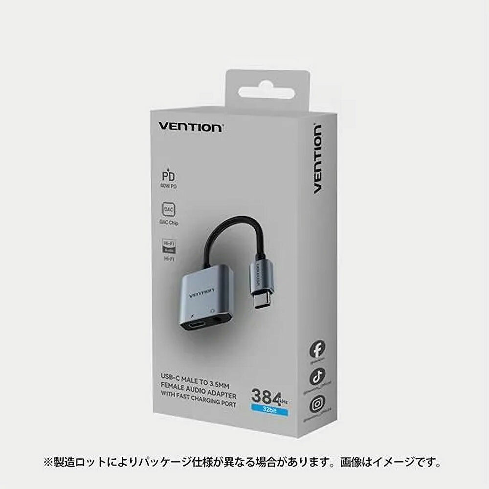 【2 in 1 オーディオ・充電対応】
USB-C to 3.5mm オーディオ変換アダプター

・Hi-Fi DACチップ
・PD 60W 急速充電
・3.5mm イヤホン対応
・音楽・通話・リモコン対応

【ゲームも充電も止まらない】
充電しながら、映画・ゲーム・音楽を快適に楽しめます

【PD 60W急速充電】
スマートフォンやタブレット、ノートPCなどをすばやく充電

・PD：PD3.0／2.0
・QC：QC4.0／3.0
・AFC：Samsung AFC
・SCP：Huawei SCP
・PPS：USB-C

※充電時間は使用環境や機器により異なります。

【3.5mmイヤホン・ヘッドホン対応】
使っていなかった3.5mmイヤホン・ヘッドホンを再活用

※OMTP・CTIA規格の3.5mmイヤホン・ヘッドホンに対応しています。

【Hi-Fi DACチップ搭載】
384kHz／32bitのハイレゾ音源に対応し、細部まで忠実な高音質を実現します。

【iPhone 16／15で有線イヤホンが使える】
遅延のない音声通話とスムーズな音量操作に対応

※機種の仕様により、一部のイヤホンでは音量（＋／-）ボタンが使用できない場合があります。

【USB-Cタブレットで有線ヘッドホンが使える】
音楽鑑賞から映画視聴、ゲームまで快適に楽しめます。

【USB-C対応スマートフォンをカーオーディオに接続】
お気に入りの音楽とともに、快適なドライブを

【耐久性・耐摩耗性に優れ長く使える設計】
●アルミニウム合金シェル
傷に強く、高い耐久性

●高耐久編組ケーブル
引っ張りや断線に強く長く使える

●ニッケルメッキプラグ
頻繁な抜き差しでも丈夫で安定した接続

【幅広い機器に対応】
●3.5mmインターフェース
イヤホン、マイク付きヘッドセット、スピーカー、カーオーディオ

●USB-Cインターフェース
iPhone 16／15シリーズ、Galaxy S25／S24／S23／S22／S21、Pixel 9／8／7／6／5、iPad Air／Pro／Mini、MacBook Air／Pro、XPS 17／15／13

※製造ロットによりパッケージ仕様が異なる場合があります。
※商品画像は、実物とお色が多少異なる場合がございます。

【商品詳細】
●ブランド：Vention
●商品名：USB-C オス to 3.5mm メス オーディオ変換アダプター（充電対応）
●モデル：BIG
●カラー：グレー
●インターフェース：USB-Cオス ／ USB-Cメス ／ 3.5mmメス
●電気メッキ処理：ニッケルメッキ
●コンダクター：純銅
●ジャケット：TPE＋コットン編組
●シェル：アルミニウム合金
●サンプリングレート：32bit ／ 384KHz
●定格入力：PD60W
●特長：DACデコード対応
●長さ：0.1m（ケーブル実長）
●保証：1年
●パッケージ：カラーボックス