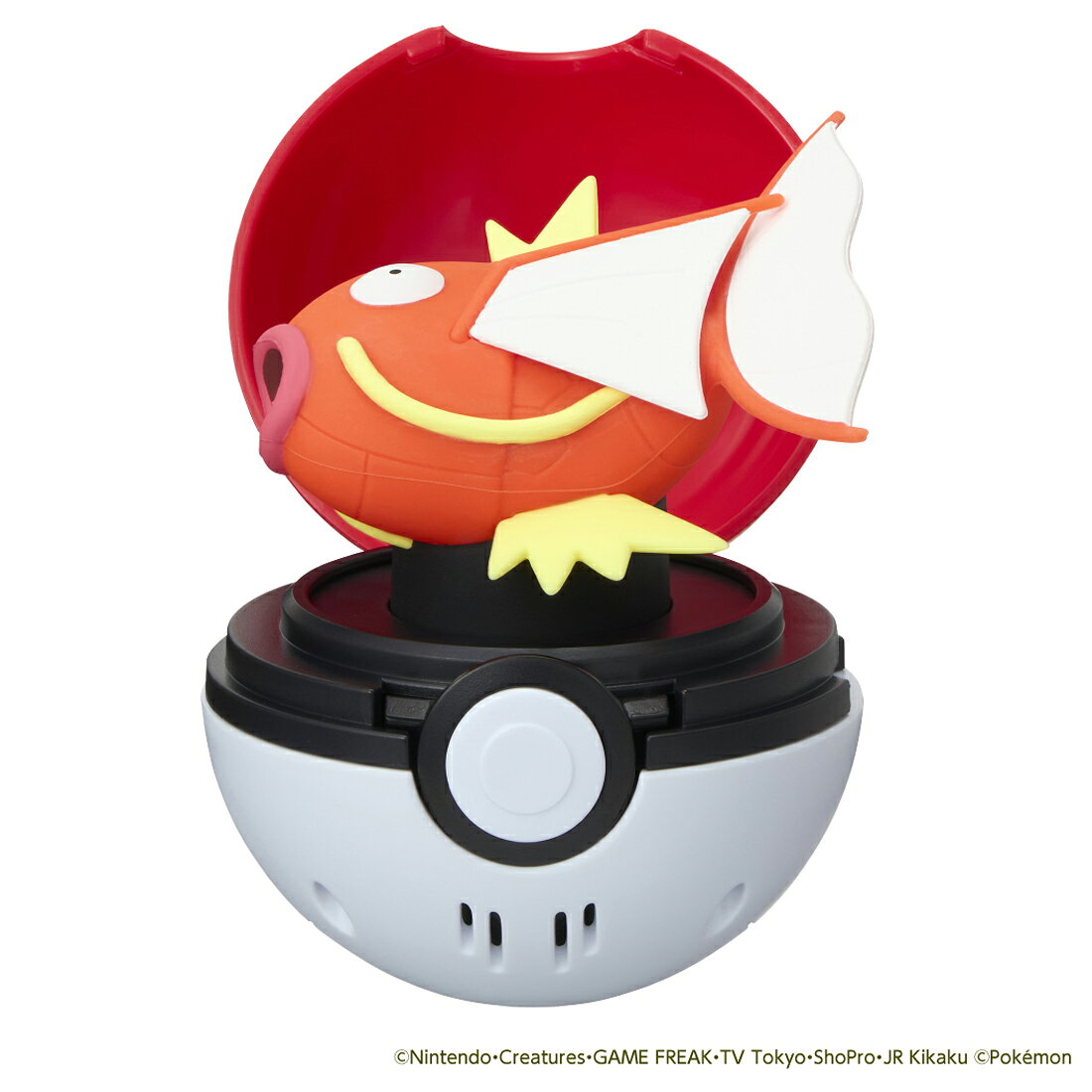 ぴょこっととびでて、ぷにゅっとつついて！コイキングとあそぼう！モンスターボールを開くたびに、コイキングがぴょこっと出てくる！ぷにゅっとつつくと、コイキングがはねたり、おしゃべりしてくれる！開くたびに、つつくたびに、いろいろなコイキングのリアクションが楽しめるよ！連続でつつくと、コイキングの鼻歌が聞けるかも…！？※約10分間何もしないとスリープモードになります。開いた状態のサイズは高さ約8cm、幅約10cm、奥行き約13cm【セット内容】本体(1)【対象年齢】：4才〜
