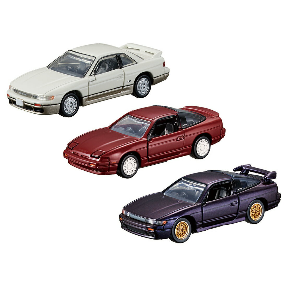 日産の人気スポーツカーが3台セットになって登場です! ＜セット内容＞（スケール・アクション）・SILVIA（1/62・サスペンション、左右ドア開閉）・180SX（1/62・左右ドア開閉、リトラクタブルライト可動）・SILEIGHTY（1/62・サスペンション、左右ドア開閉）【セット商品】SILVIA（1） 180SX（1） SILEIGHTY（1）【対象年齢】：6才〜