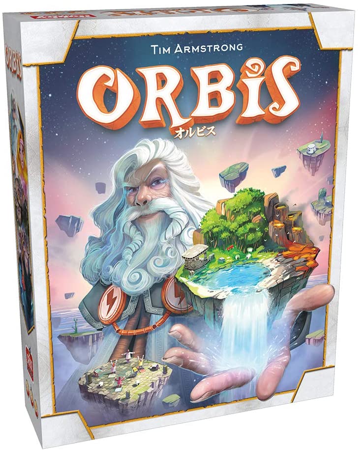 汝は神となり、最高の世界を創造せよ。

 崇拝者たちが暮らしている土地が天空の中でさまよっています。
これらの地域を集めて組み合わせ、独自の世界(オルビス)を創造しましょう。
 村、記念碑、森、川、さらには火山までーー最も美しい世界を作れるかどうかはあなた次第です。

このゲームでは、プレイヤーは15ラウンドに渡ってゲームをプレイします。
 自分の手番が来たとき、プレイヤーは中央エリアに並んでいる9枚の地域タイルのうち1枚か、獲得可能な神タイルのうち1枚を取らなければなりません。
 地域タイルそれぞれには様々な効果があり、取るたびに崇拝者を獲得、配置し、コストを支払い、特殊能力がある物はその効果を解決していきます。
こうしてリソースを管理しつつ地域タイルを配置して、自分だけの世界を創造していきます。
 全プレイヤーが自分の世界を創造し終えたとき(15ラウンドをプレイして地域タイル14枚と神タイル1枚を取ったとき)、ゲームは終了します。
 最も多くの創造点を獲得しているプレイヤーが勝者となります。
 獲得した各タイルの能力と相互作用により展開は大きく変わっていき、
 他のプレイヤーの動向も注意しながら、取るタイルの選択も悩ましいタイル配置ゲームです。

プレイ人数:2~4人
プレイ時間:45分
 対象年齢:10歳以上
ゲームデザイン:ティム・アームストロング

[セット内容]
神タイル10枚、地域タイル65枚、崇拝者駒100個、打消しトークン18枚、コスト減少トークン5枚、神殿トークン5枚、ルールブック