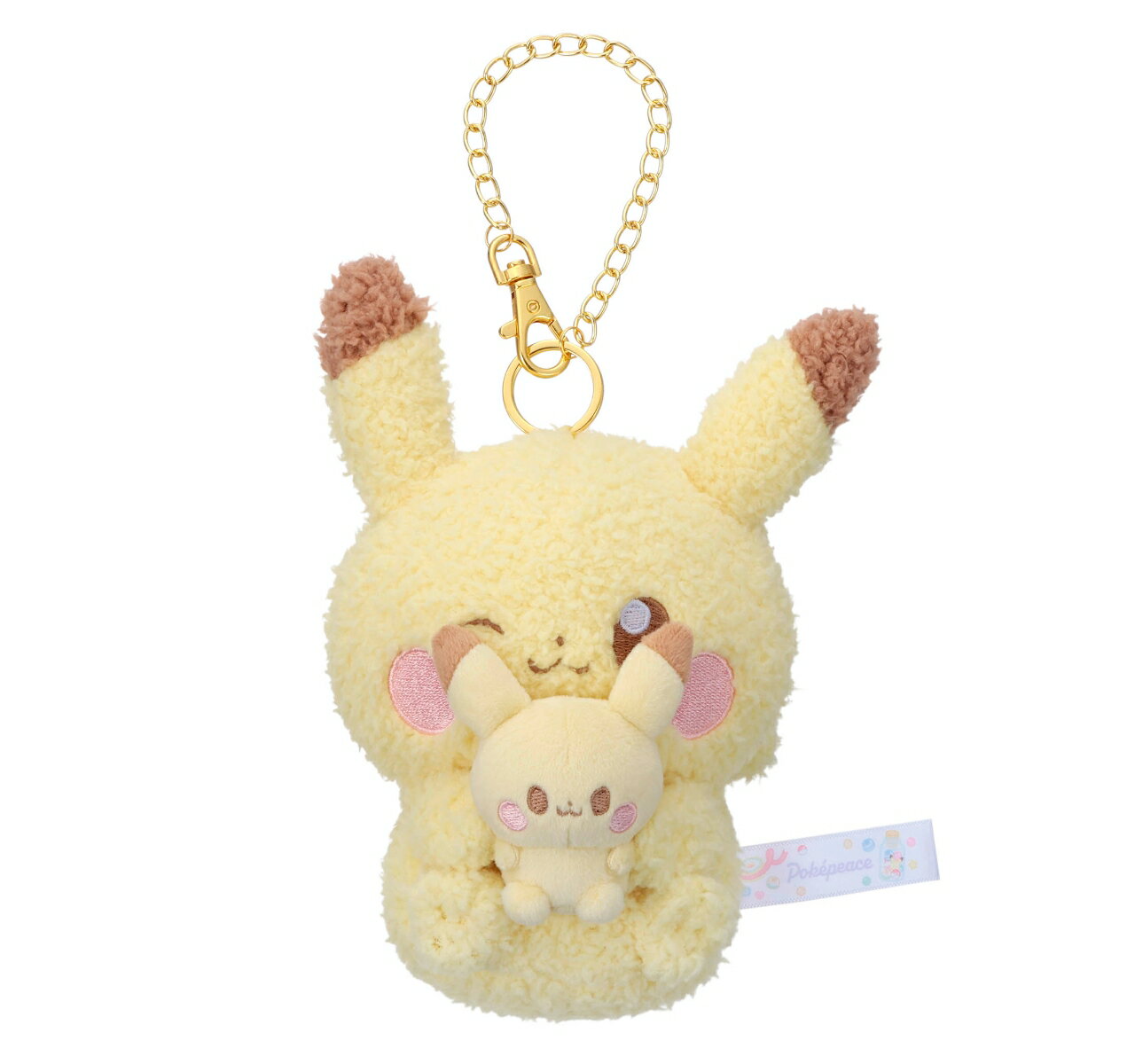 ぬいぐるみにマスコットサイズの小さいぬいぐるみがついています。チェーン付きなのでバッグやリュックにも付けられます。ポケピースぬいぐるみが小さくて可愛いポケモンぬいぐるみを抱っこしています。チェーン付きなので持ち歩きも出来ます。商品サイズ:W125×H180×D105mm