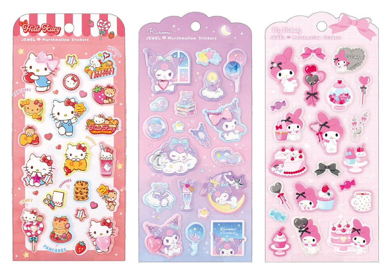 ＜セット内容＞
サンリオキャラクターズジュエルマシュマロステッカーズ　ハッピーダイナー／ハローキティ
サンリオキャラクターズジュエルマシュマロステッカーズ　スイートドリーム／クロミ
サンリオキャラクターズジュエルマシュマロステッカーズ　ピンクティータイム／マイメロディ
ーーーーーーーーーーーーーーーー

ストーン付きのマシュマロステッカー！【対象年齢】：6歳以上【商品サイズ (cm)】(幅×高さ×奥行）：9×17.5×0.1